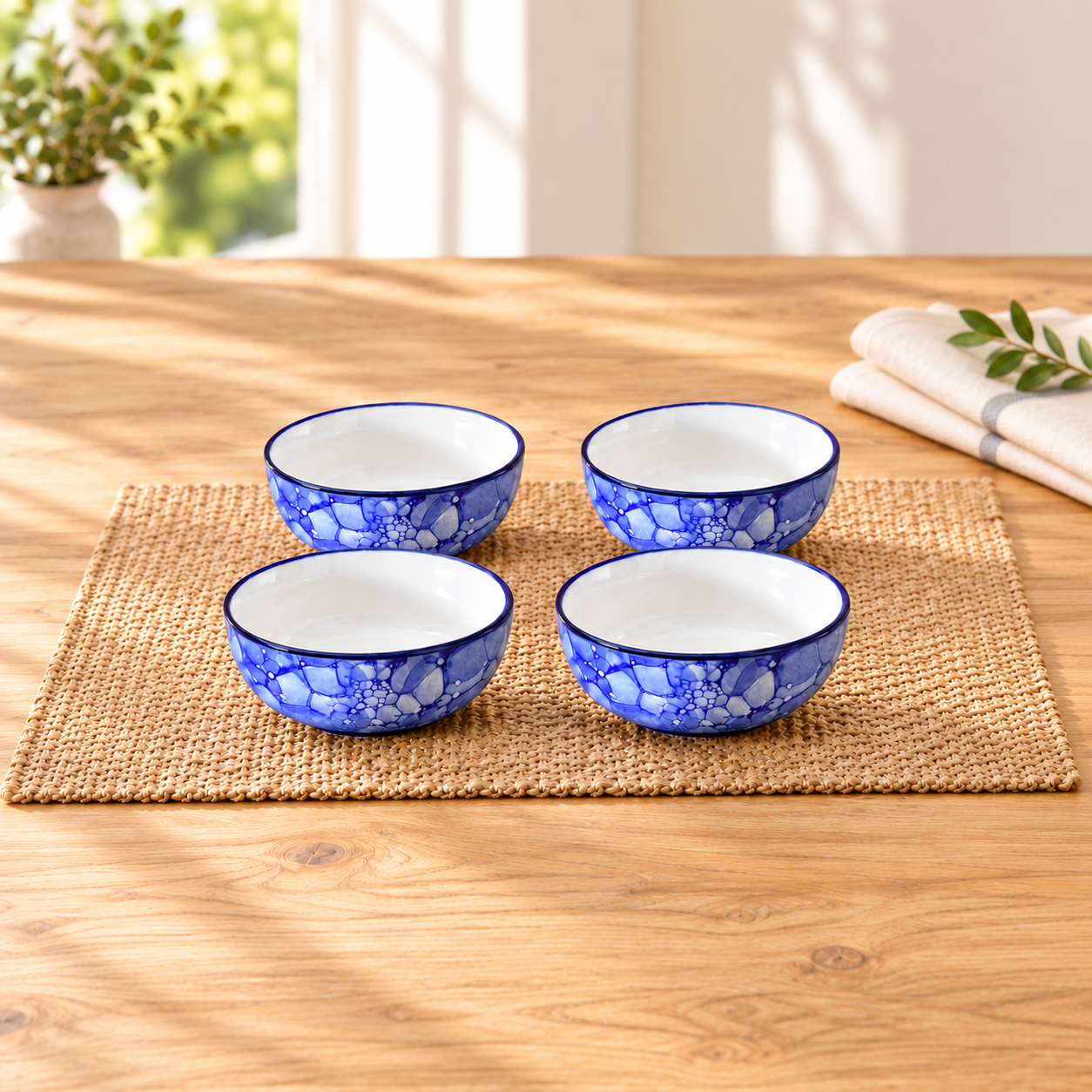 Kunhar Ceramic Hand Painted Dessert Bowls - 200 Ml, 4 Pieces, Blue - Luster