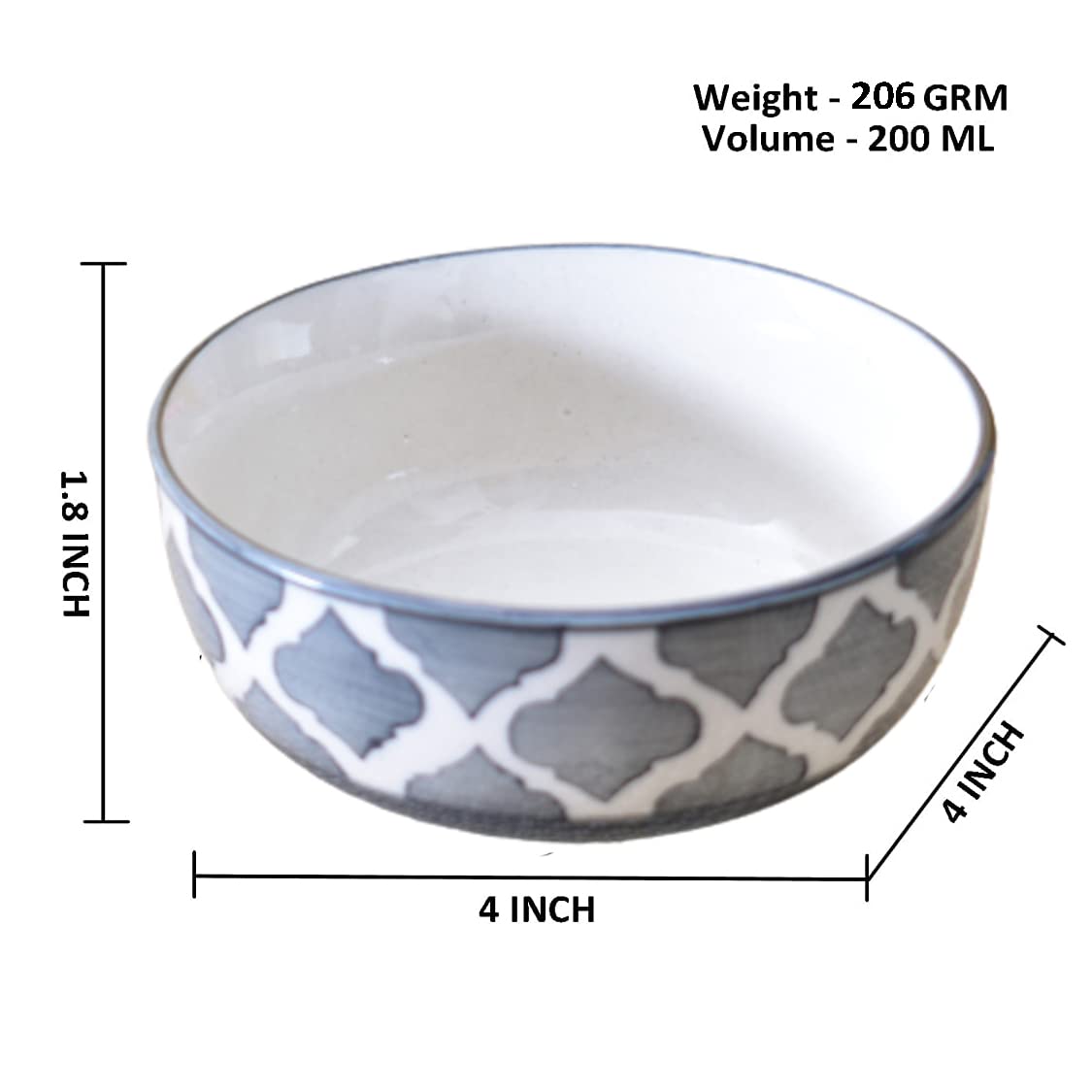 Kunhar Ceramic Hand Painted Dessert Bowls - 200 Ml, 4 Pieces, Grey - Image 2