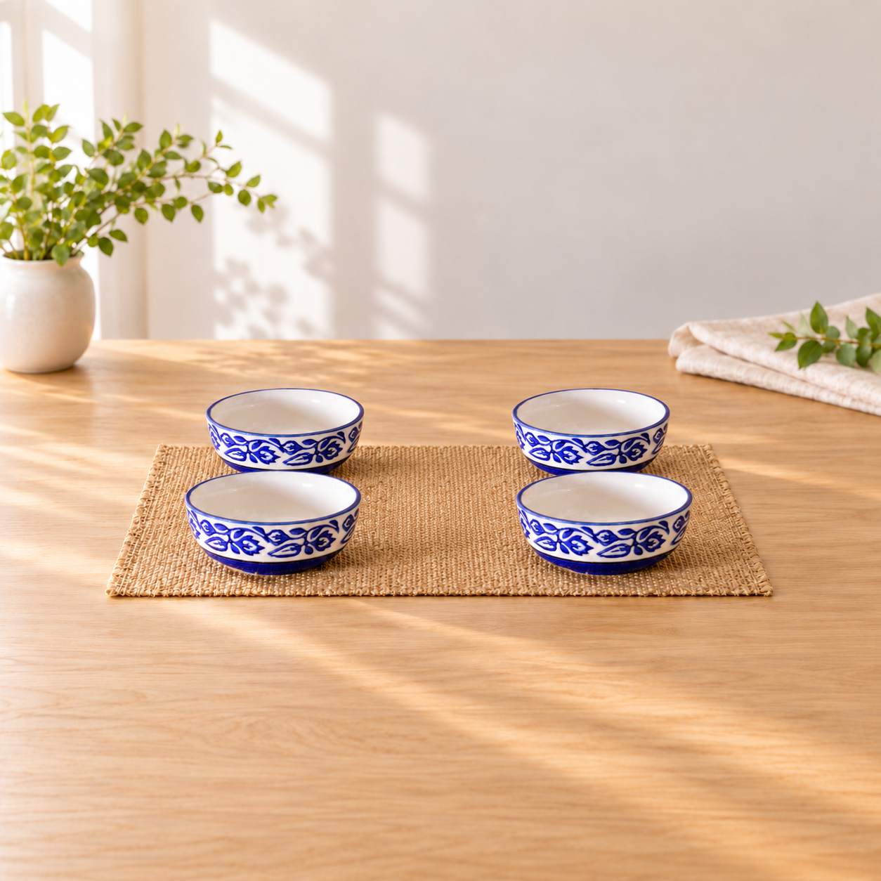Kunhar Ceramic Hand Painted Dessert Bowls - 200 Ml, 4 Pieces, Blue Vine