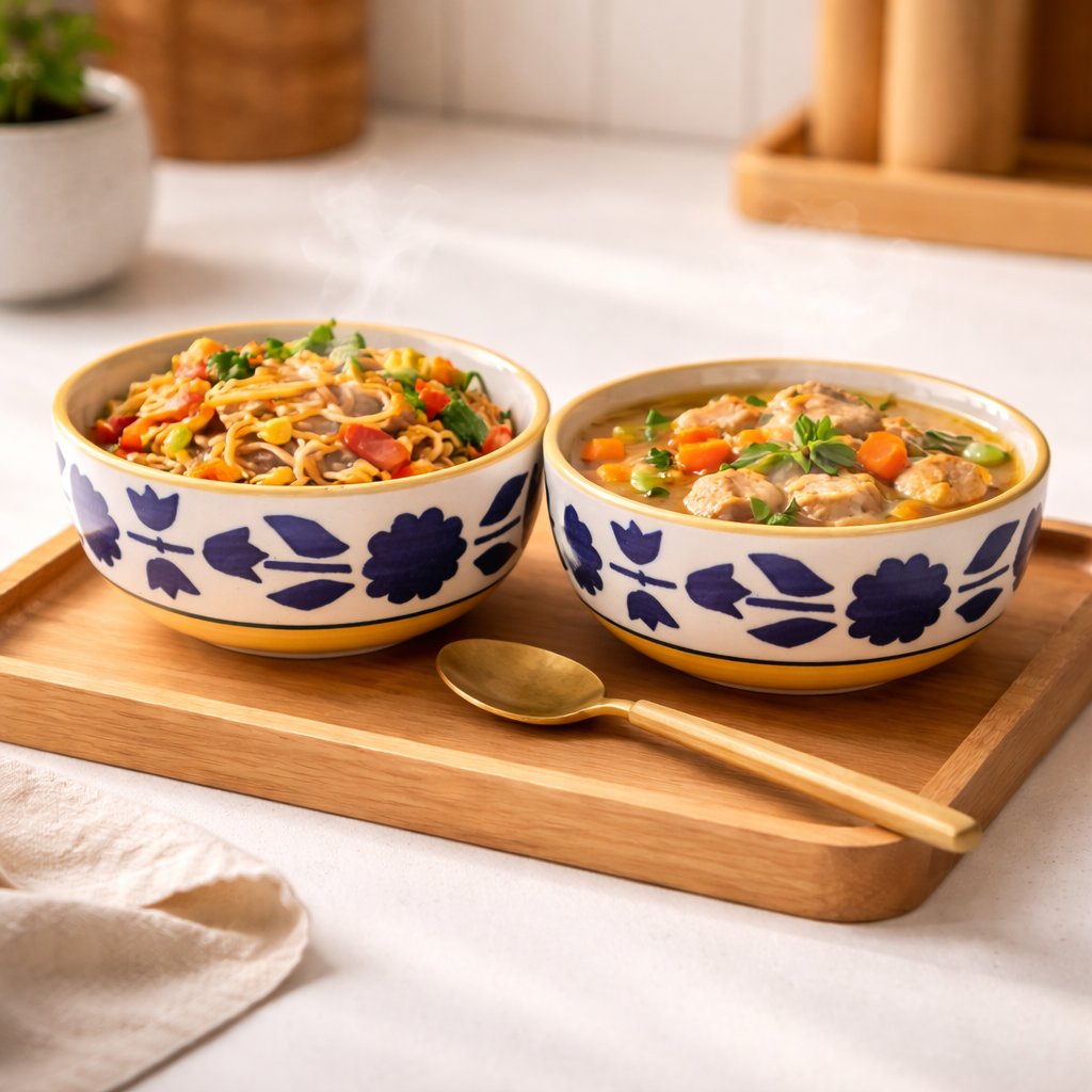 Kunhar Ceramic Mixing Bowls, Microwave Safe Bowl for Kitchen, Freezer & Dishwasher, Ideal for Snacks, Rice, Salad, and Noodles - 800 ML, 2 Pieces, Yellow Blue Flower - Image 5