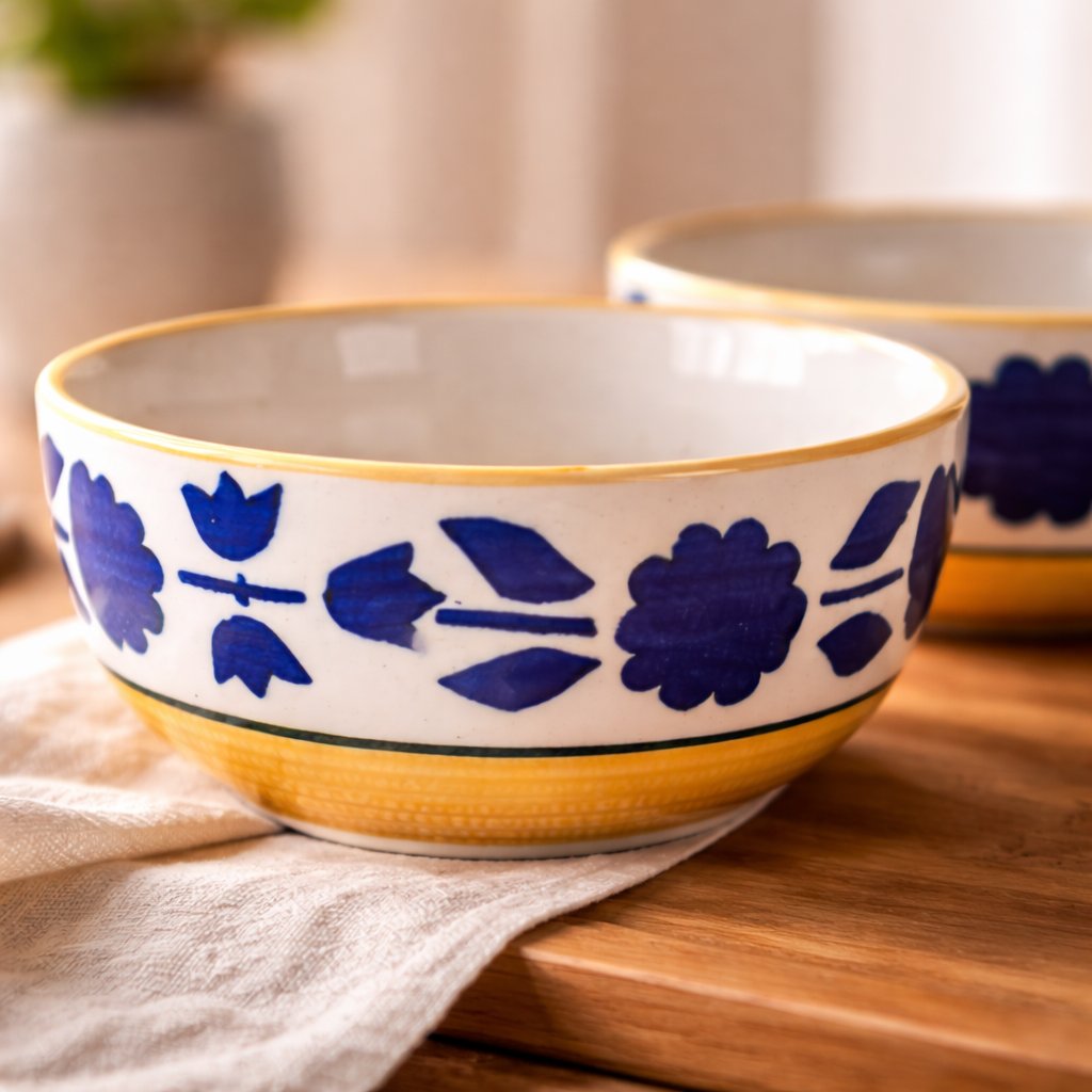 Kunhar Ceramic Mixing Bowls, Microwave Safe Bowl for Kitchen, Freezer & Dishwasher, Ideal for Snacks, Rice, Salad, and Noodles - 800 ML, 2 Pieces, Yellow Blue Flower - Image 2