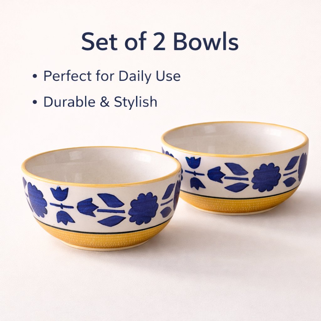 Kunhar Ceramic Mixing Bowls, Microwave Safe Bowl for Kitchen, Freezer & Dishwasher, Ideal for Snacks, Rice, Salad, and Noodles - 800 ML, 2 Pieces, Yellow Blue Flower - Image 6