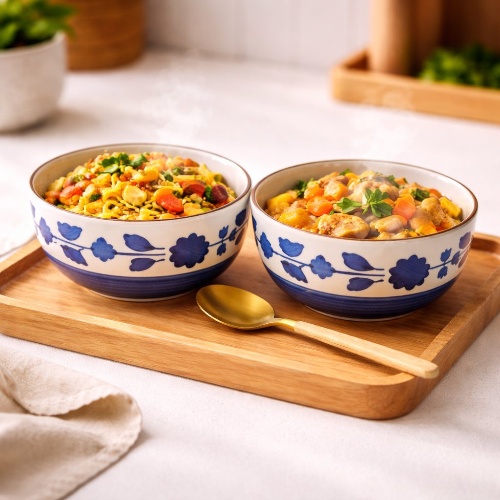 Kunhar Ceramic Mixing Bowls, Microwave Safe Bowl for Kitchen, Freezer & Dishwasher, Ideal for Snacks, Rice, Salad, and Noodles - 800 ML, 2 Pieces, Blue Flower - Image 3