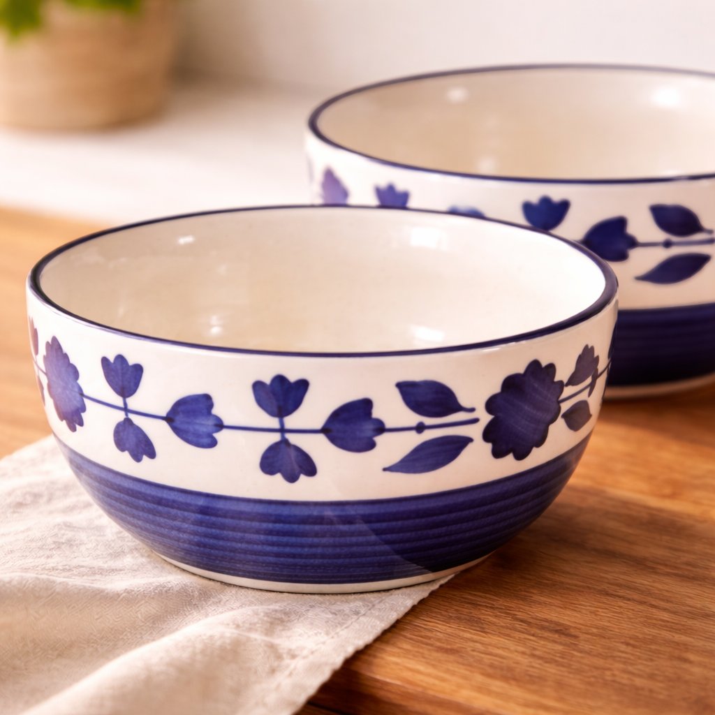 Kunhar Ceramic Mixing Bowls, Microwave Safe Bowl for Kitchen, Freezer & Dishwasher, Ideal for Snacks, Rice, Salad, and Noodles - 800 ML, 2 Pieces, Blue Flower - Image 5