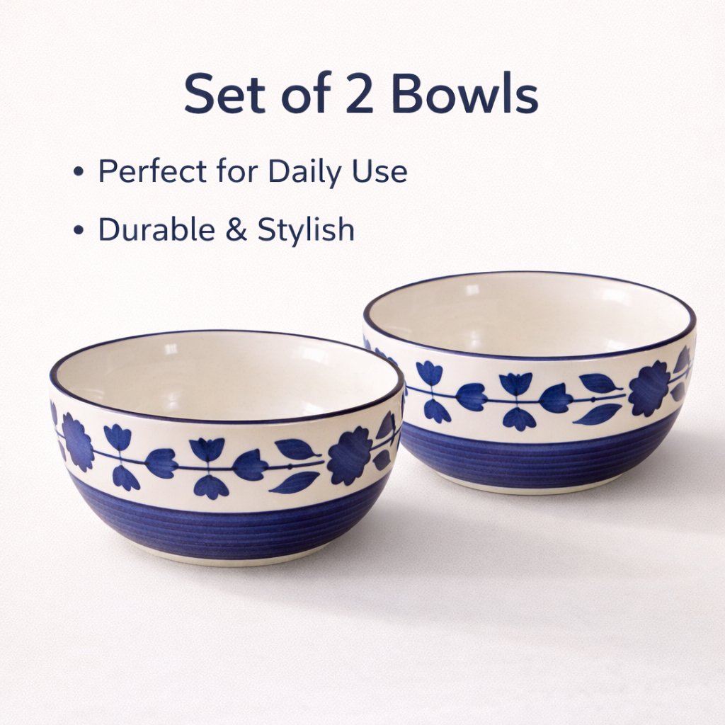Kunhar Ceramic Mixing Bowls, Microwave Safe Bowl for Kitchen, Freezer & Dishwasher, Ideal for Snacks, Rice, Salad, and Noodles - 800 ML, 2 Pieces, Blue Flower - Image 6