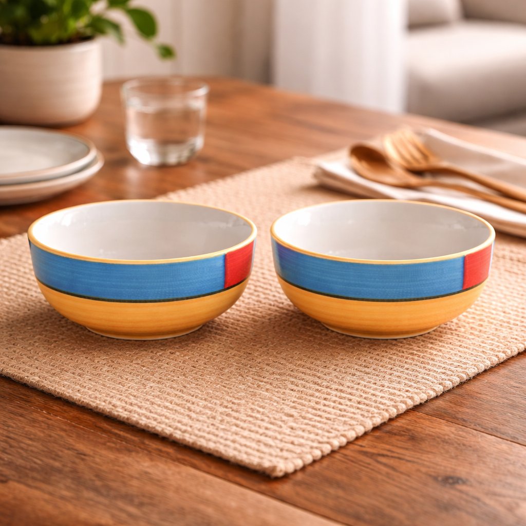 Kunhar Ceramic Mixing Bowls, Microwave Safe Bowl for Kitchen, Freezer & Dishwasher, Ideal for Snacks, Rice, Salad, and Noodles - 800 ML, 2 Pieces, Yellow Blue