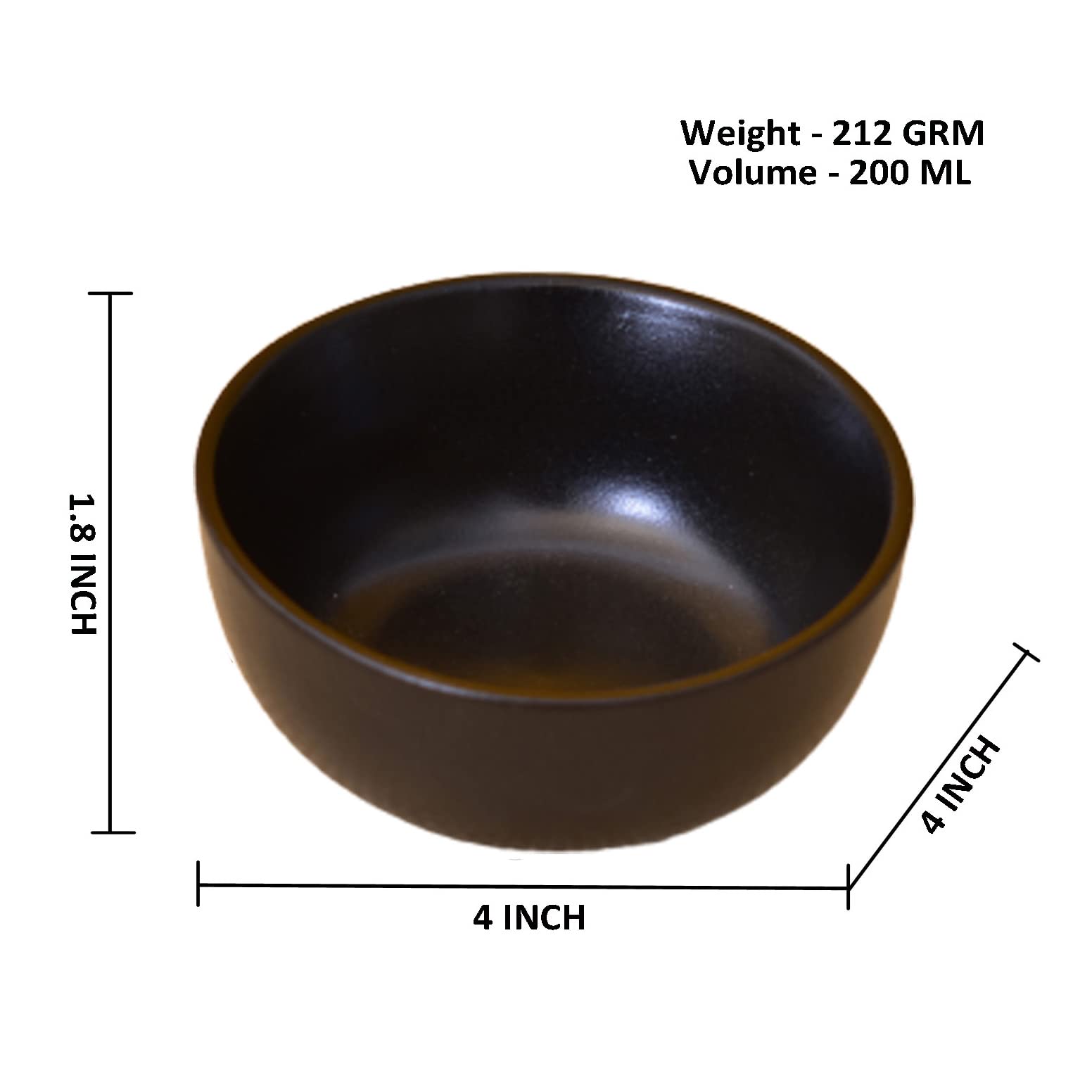 KunhaR Ceramic Matt Finish Dessert Bowl - 200 Ml, 4 Pieces, Black - Image 2