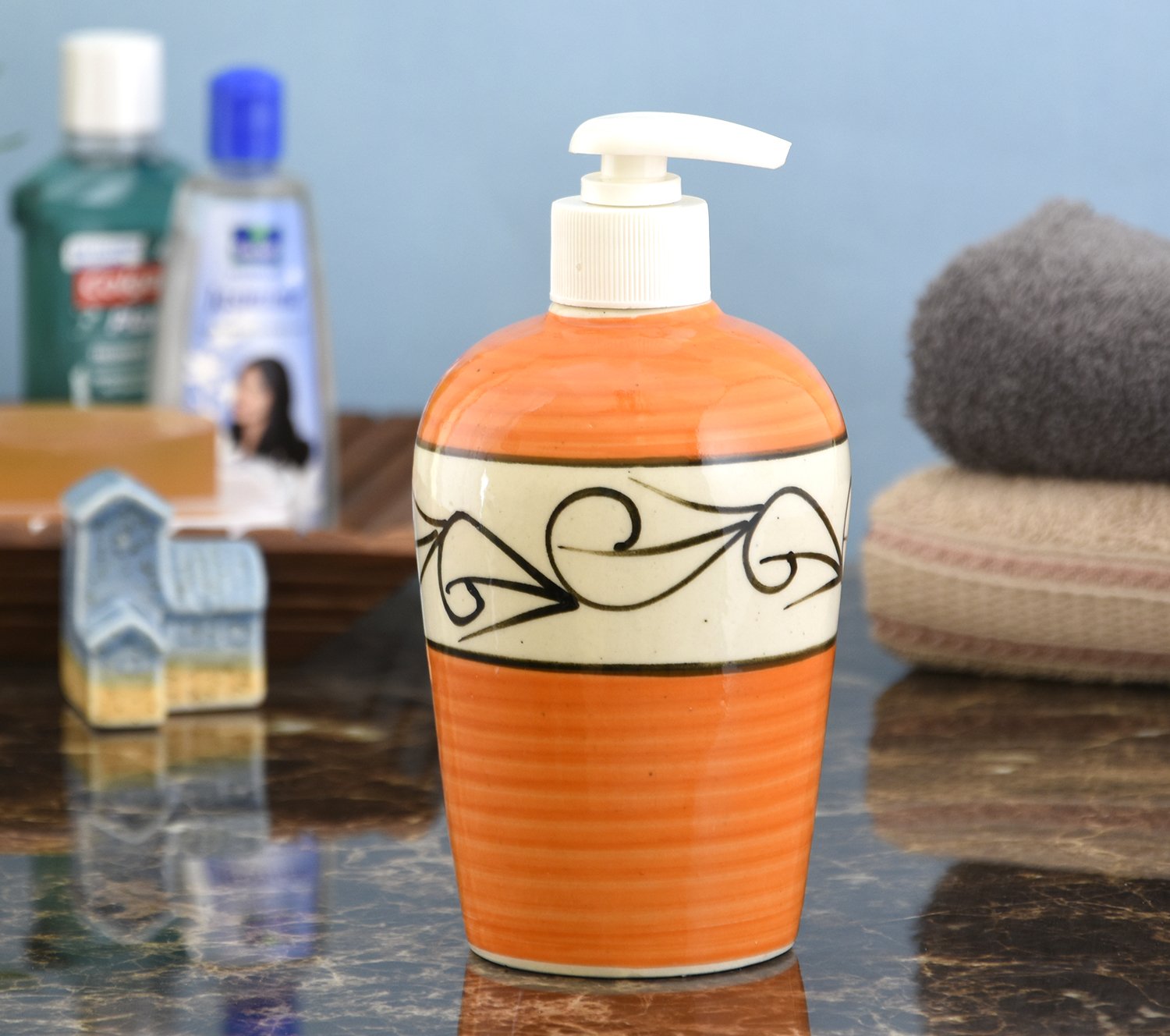 KunhaR Ceramic Liquid Soap Dispenser - Orange Line, 450ml, 2 Pieces