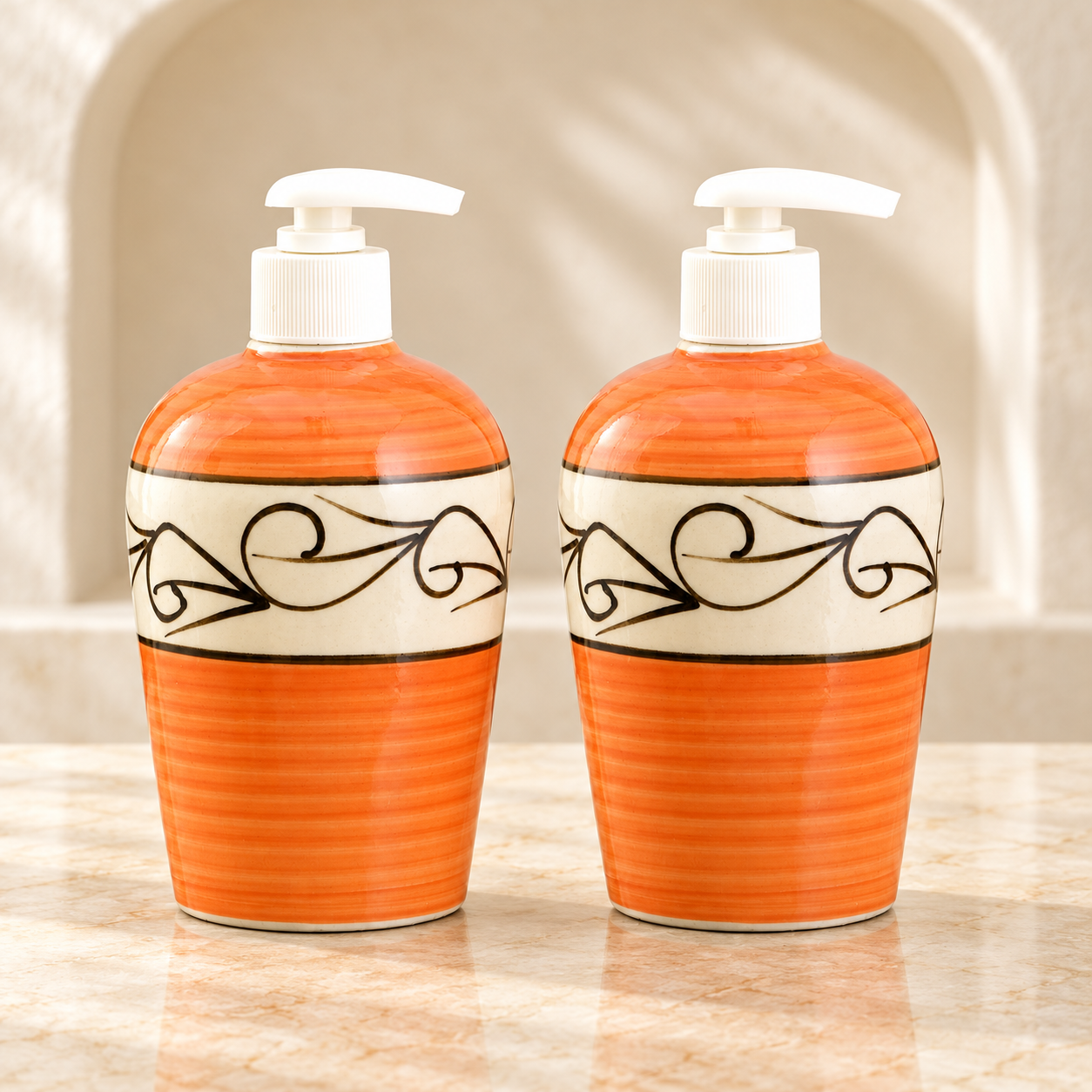 KunhaR Ceramic Liquid Soap Dispenser - Orange Line, 450ml, 2 Pieces