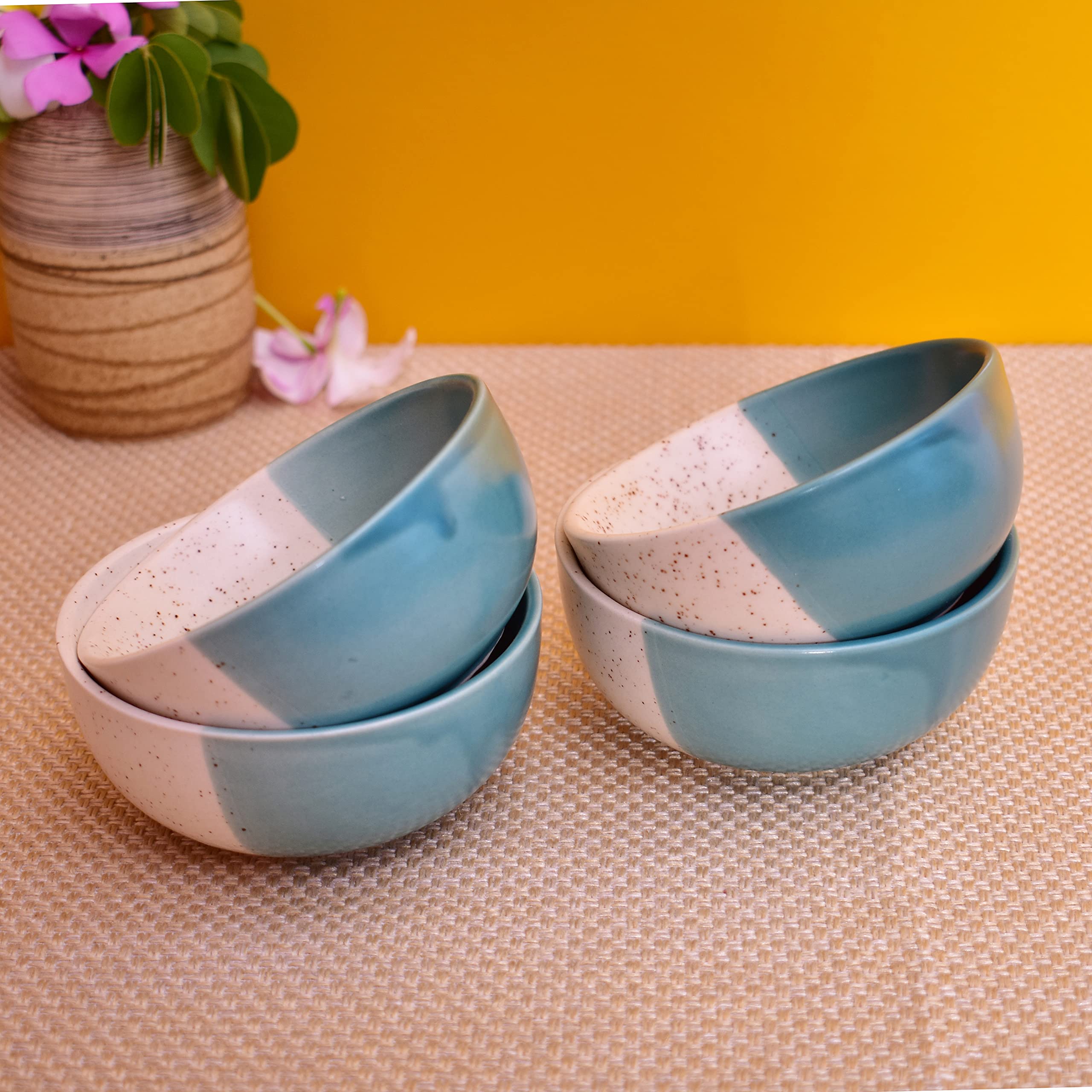 Kunhar Ceramic Dessert Bowls - 200 ML, 4 Pieces, White Dusty Blue - Image 3