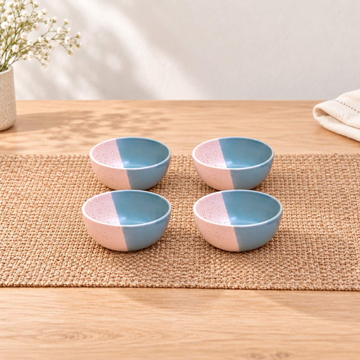 Kunhar Ceramic Dessert Bowls - 200 ML, 4 Pieces, White Dusty Blue