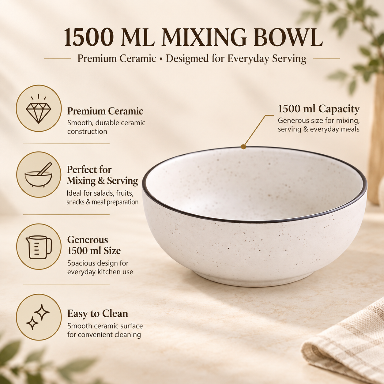 KunhaR Ceramic Serving Bowl, 1500 ml, White Matt with Black Border, Large Multipurpose Bowl for Mixing, Serving, Salads, Pasta & Snacks, 1 Piece - Image 8