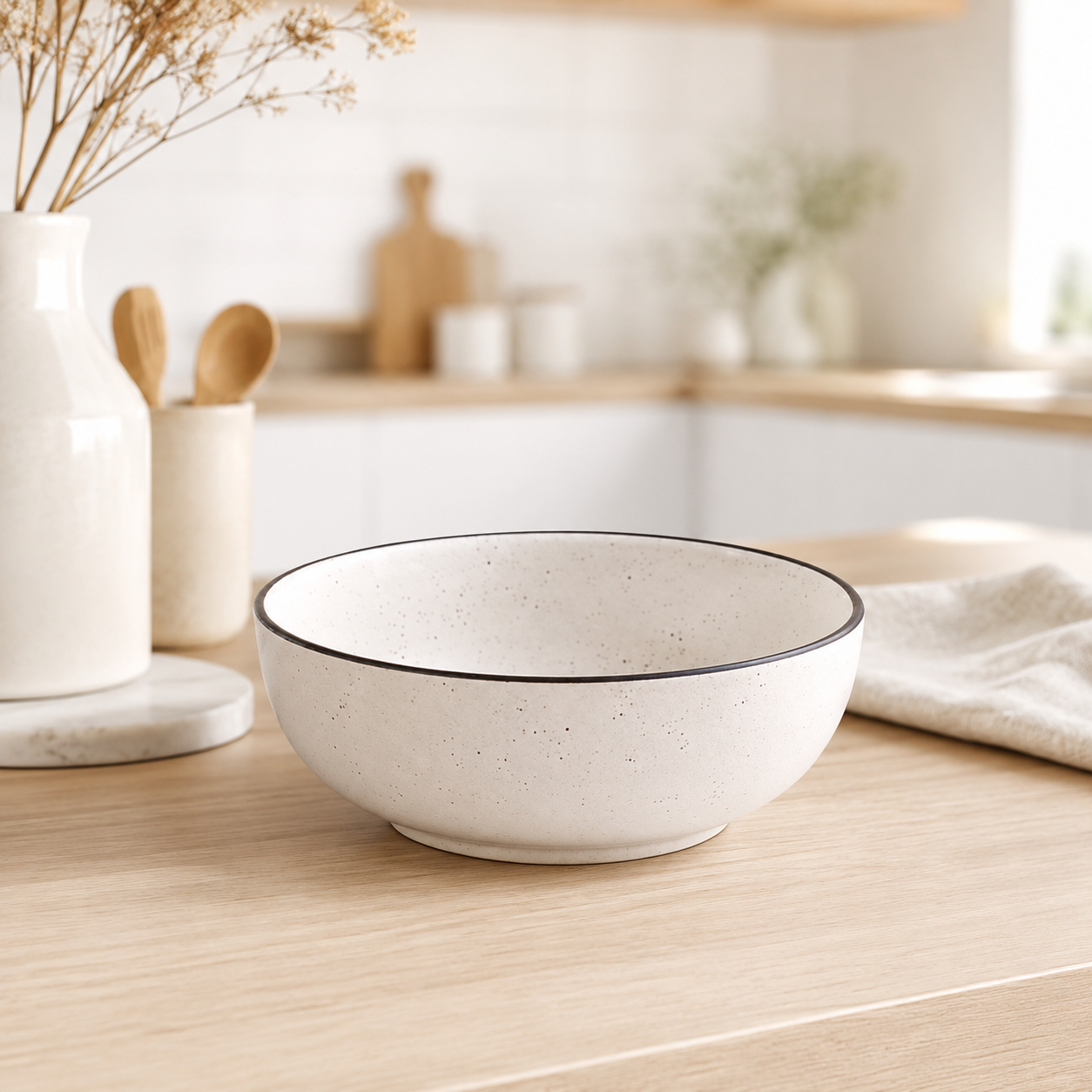 KunhaR Ceramic Serving Bowl, 800 ml, White Matt with Black Border, Multipurpose Bowl for Mixing, Serving, Salads, Pasta & Snacks, 1 Piece - Image 2
