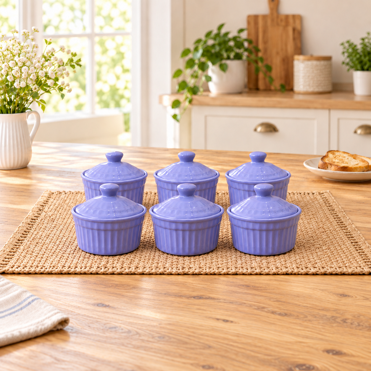 KunhaR Ceramic Butter Pot - 200 Ml, 6 Pieces, Cornflower Blue