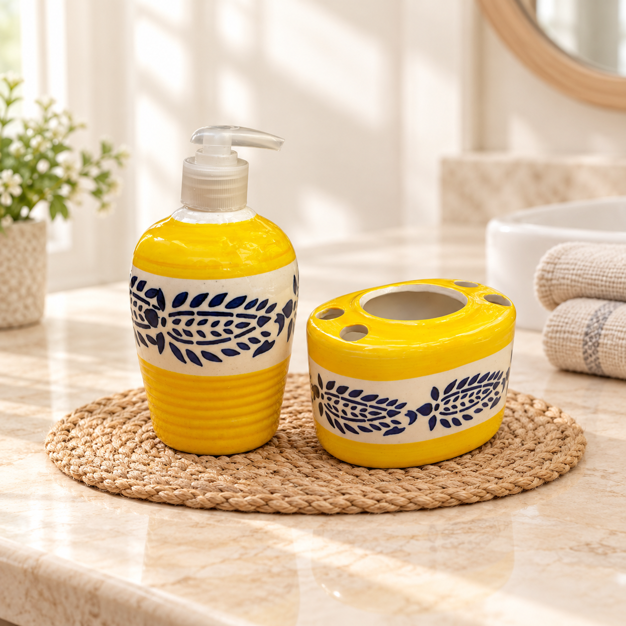 KunhaR Ceramic 2-Piece Bathroom Accessory Set, Yellow (Liquid Soap Dispenser 300 ML and Toothbrush Holder)