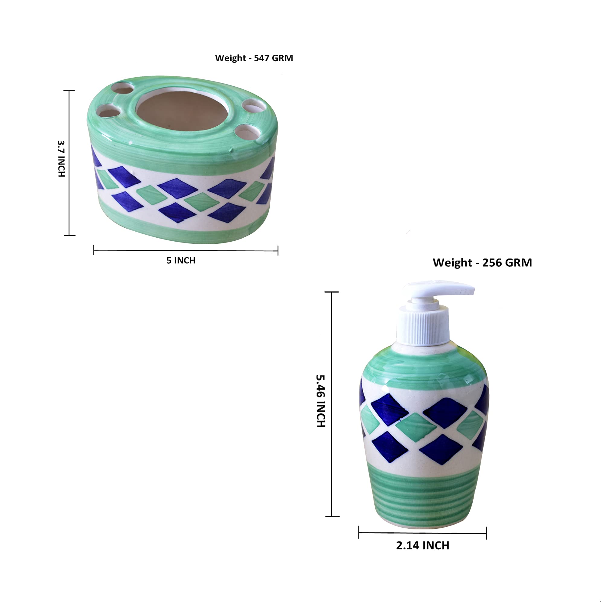 KunhaR Ceramic Bathroom Accessory Set, Green (Liquid Soap Dispenser and Toothbrush Holder) - Image 2
