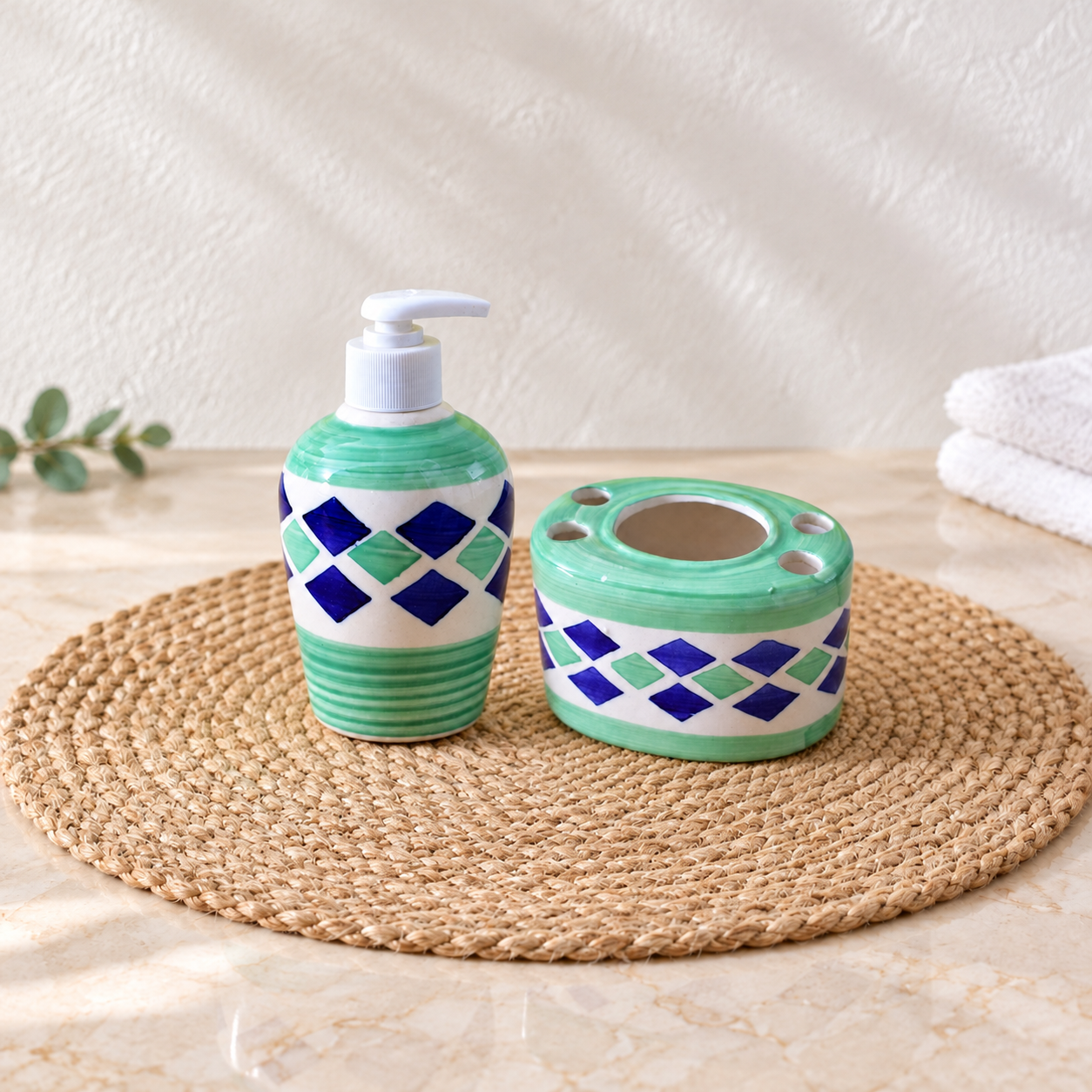 KunhaR Ceramic Bathroom Accessory Set, Green (Liquid Soap Dispenser and Toothbrush Holder)