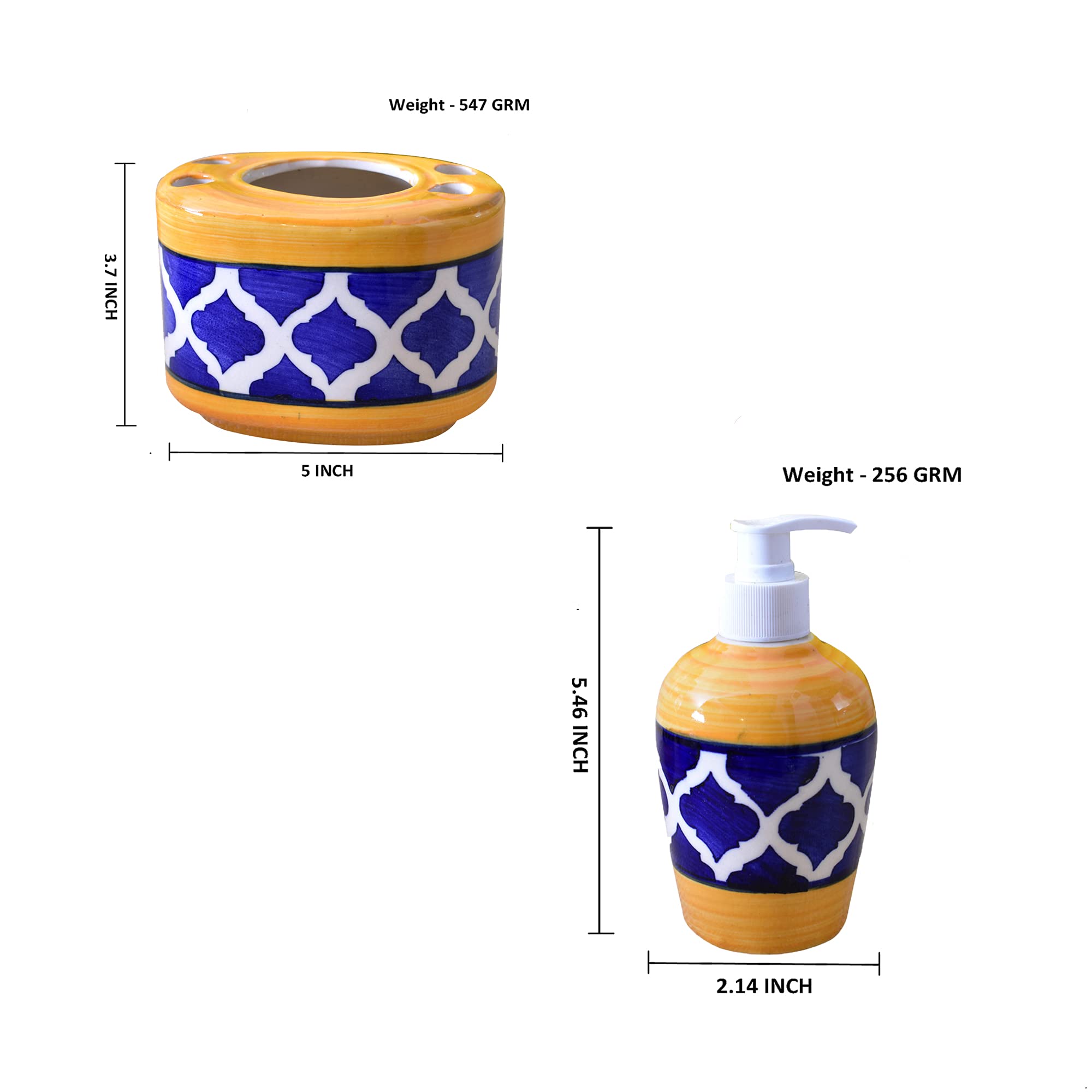 KunhaR Ceramic Bathroom Accessory Set, Yellow Blue, Liquid Soap Dispenser and Toothbrush Holder - Image 2
