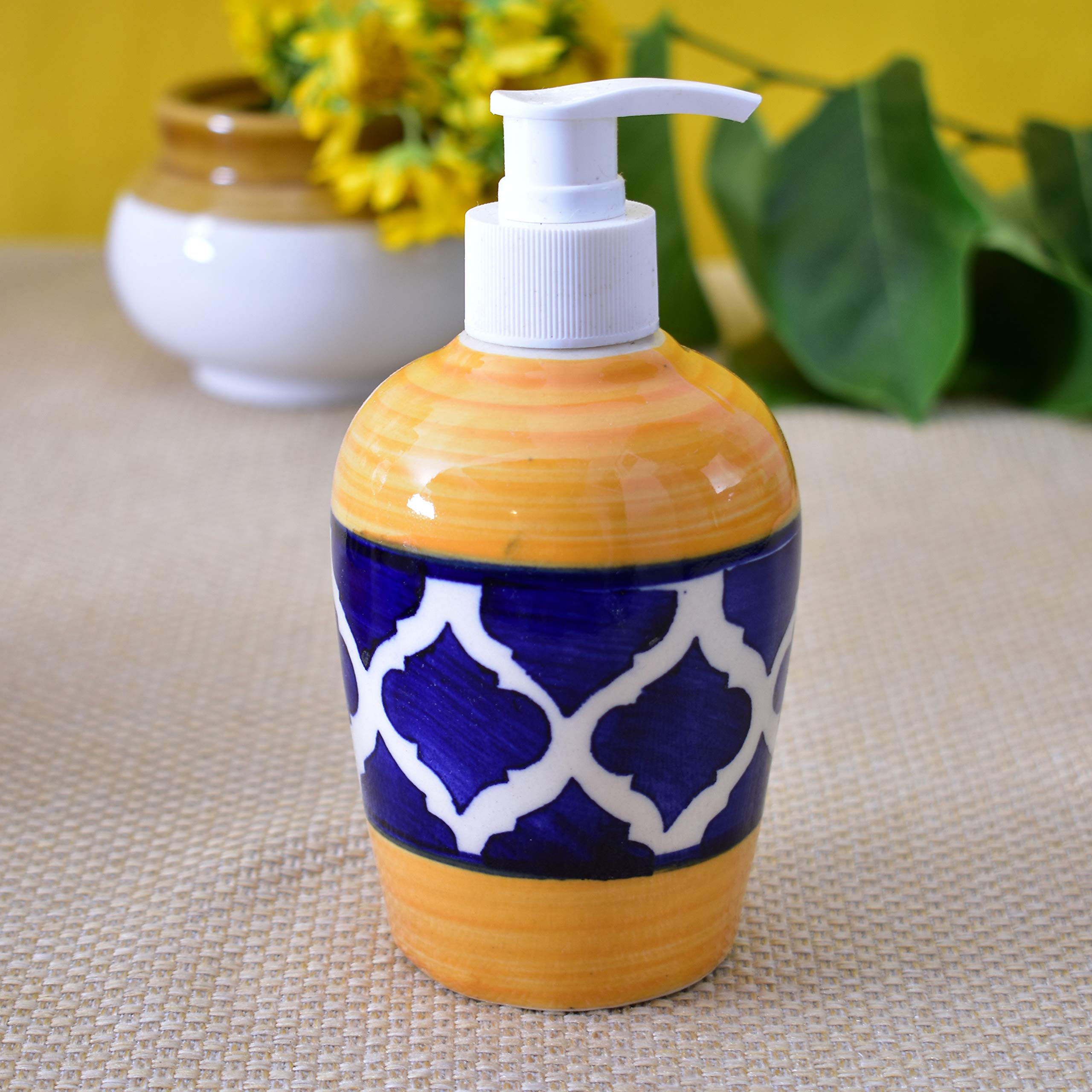 KunhaR Ceramic Bathroom Accessory Set, Yellow Blue, Liquid Soap Dispenser and Toothbrush Holder - Image 3