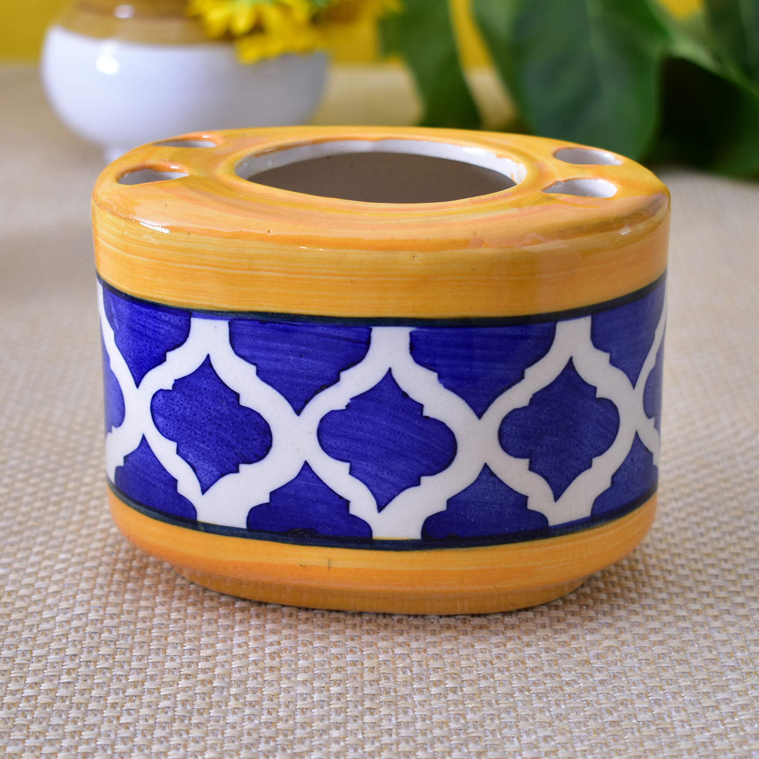 KunhaR Ceramic Bathroom Accessory Set, Yellow Blue, Liquid Soap Dispenser and Toothbrush Holder - Image 4