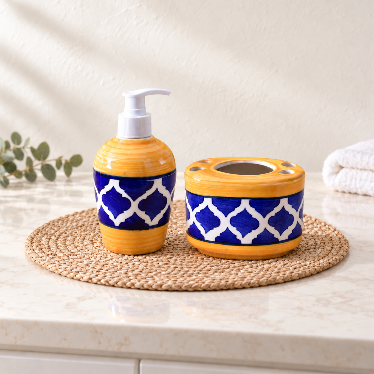 KunhaR Ceramic Bathroom Accessory Set, Yellow Blue, Liquid Soap Dispenser and Toothbrush Holder