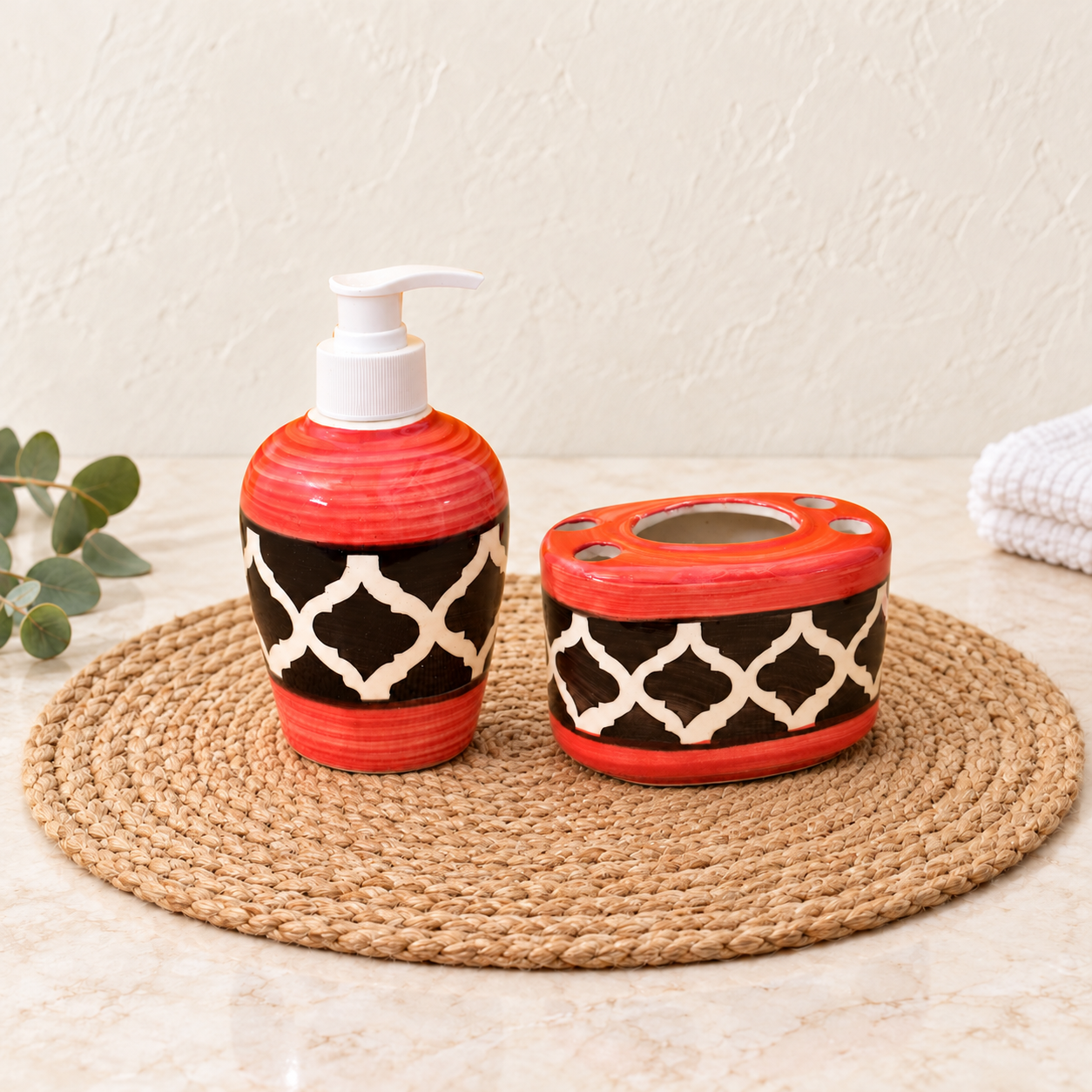 KunhaR Ceramic Bathroom Accessory Set, Red (Liquid Soap Dispenser and Toothbrush Holder)