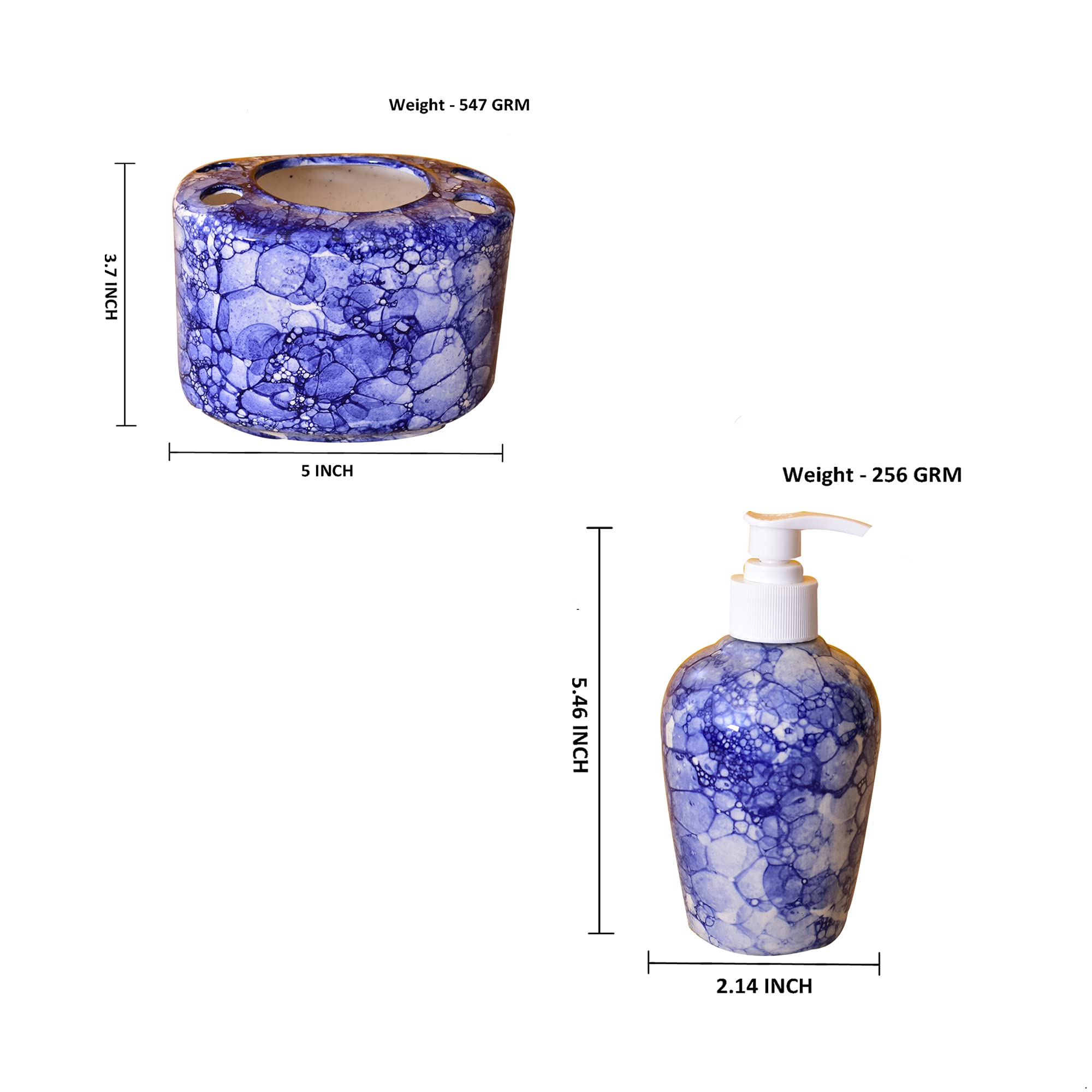 KunhaR Ceramic Bathroom Accessory Set, Blue Luster (Liquid Soap Dispenser and Toothbrush Holder) - Image 2
