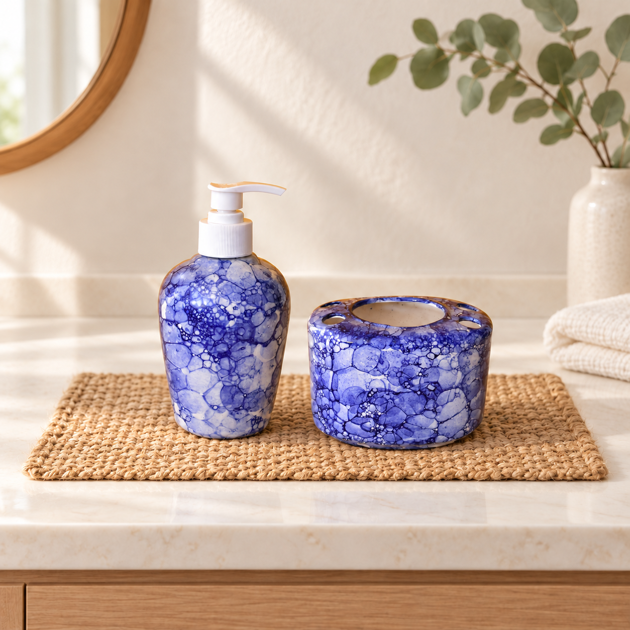 KunhaR Ceramic Bathroom Accessory Set, Blue Luster (Liquid Soap Dispenser and Toothbrush Holder)