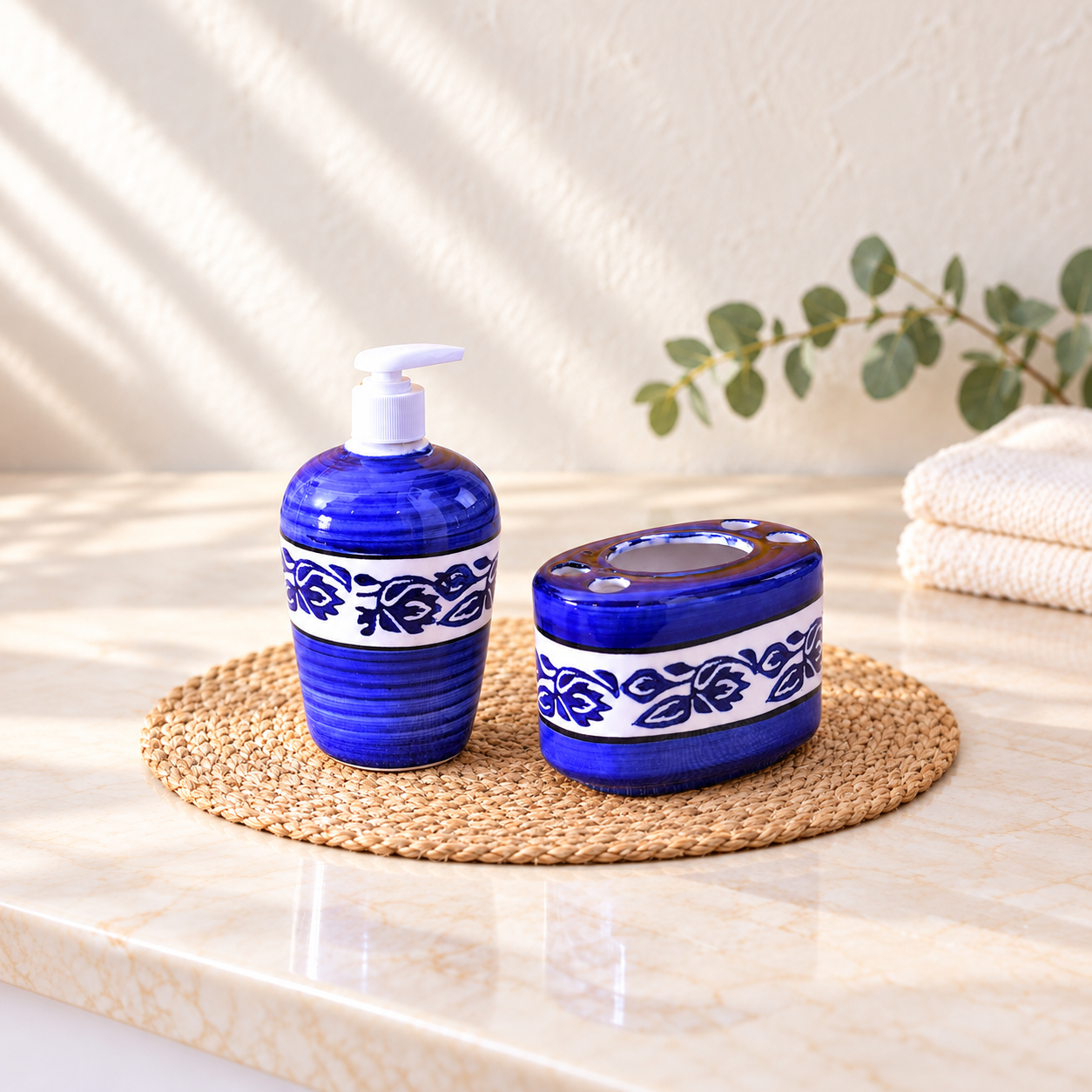 KunhaR Ceramic Bathroom Accessory Set, Blue (Liquid Soap Dispenser and Toothbrush Holder)