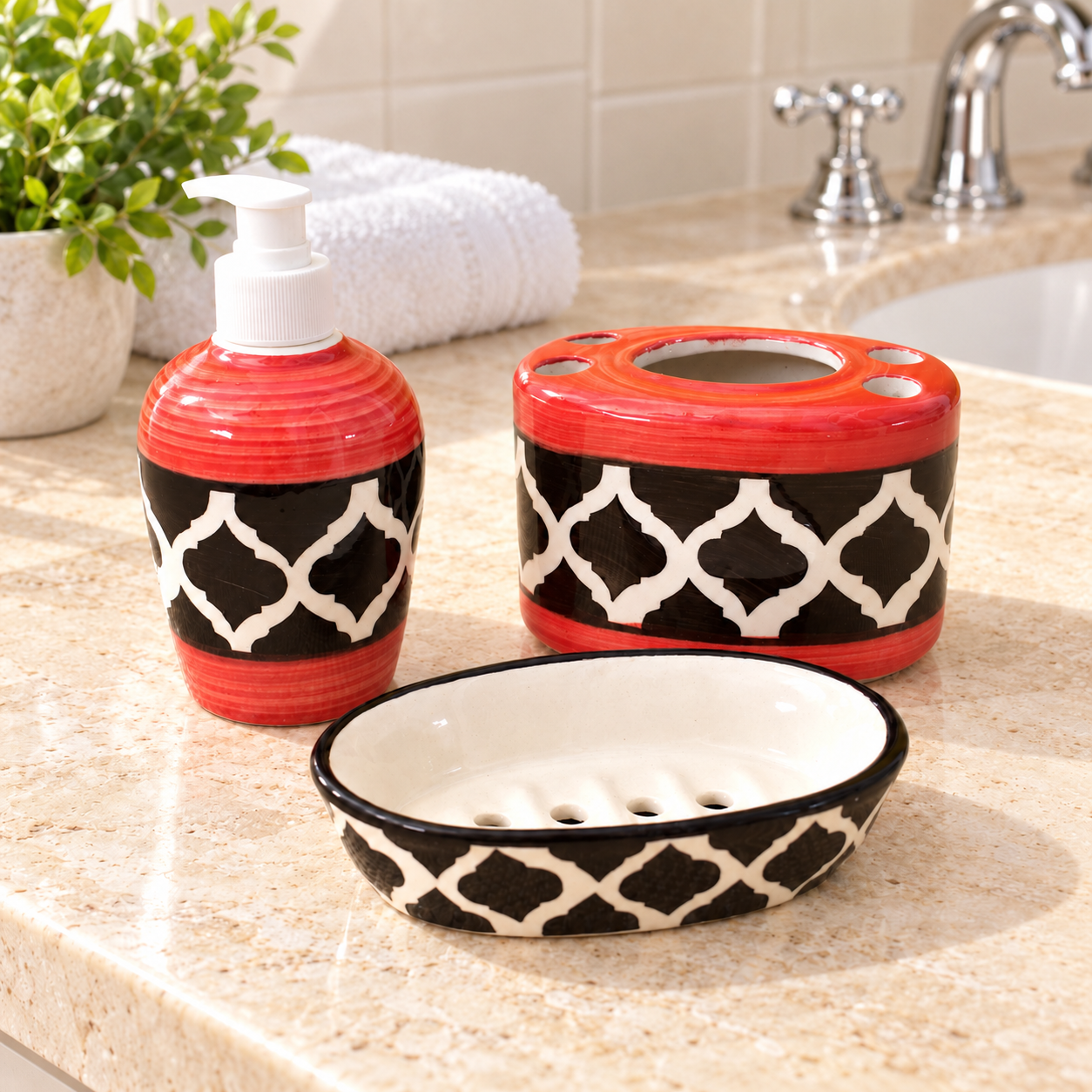 KunhaR Ceramic Bathroom Accessory Set, Red (Liquid Soap Dispenser, Soap Tray, Toothbrush Holder)