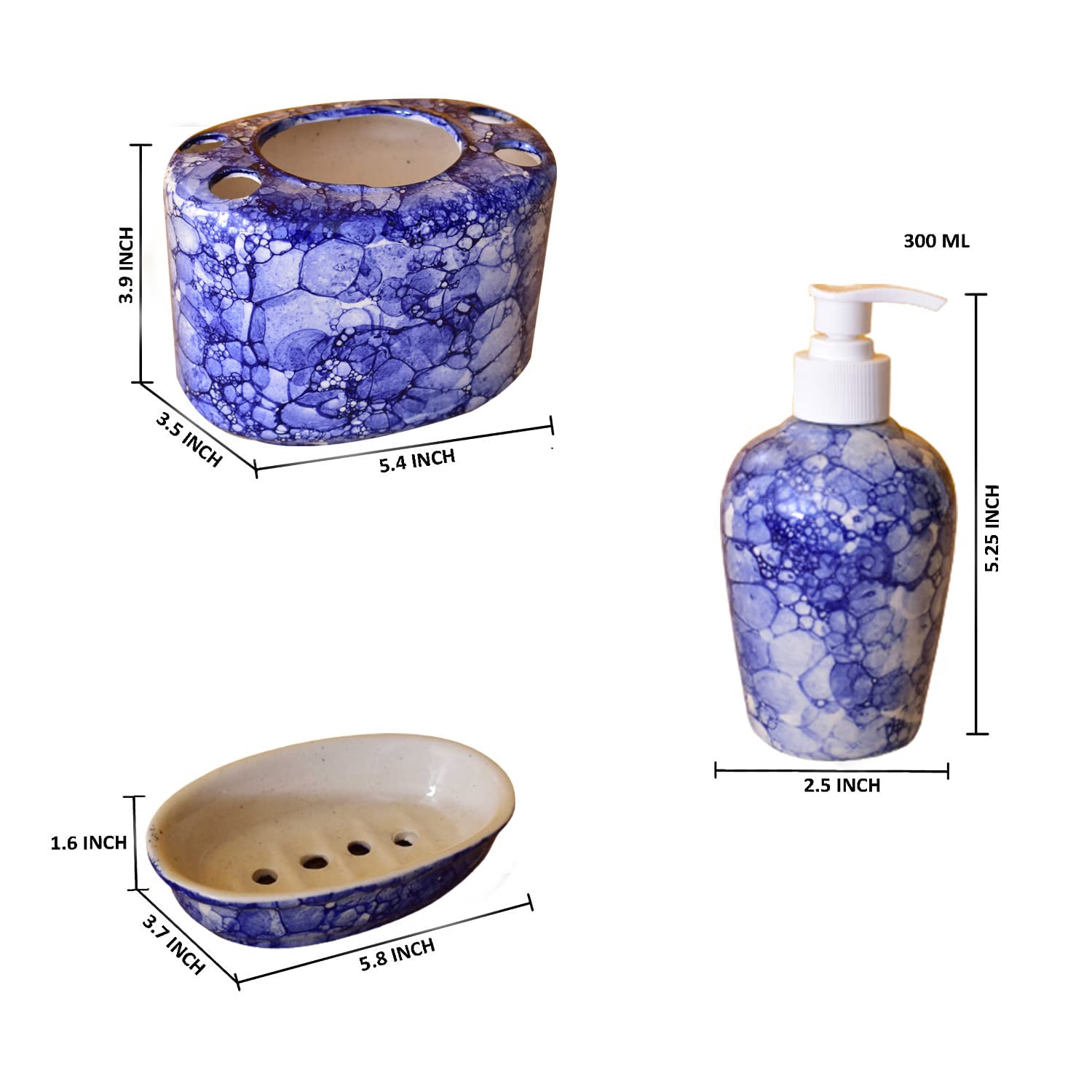 KunhaR Ceramic Bathroom Accessory Set, Blue-Luster (Liquid Soap Dispenser, Soap Tray, Toothbrush Holder) - Image 2