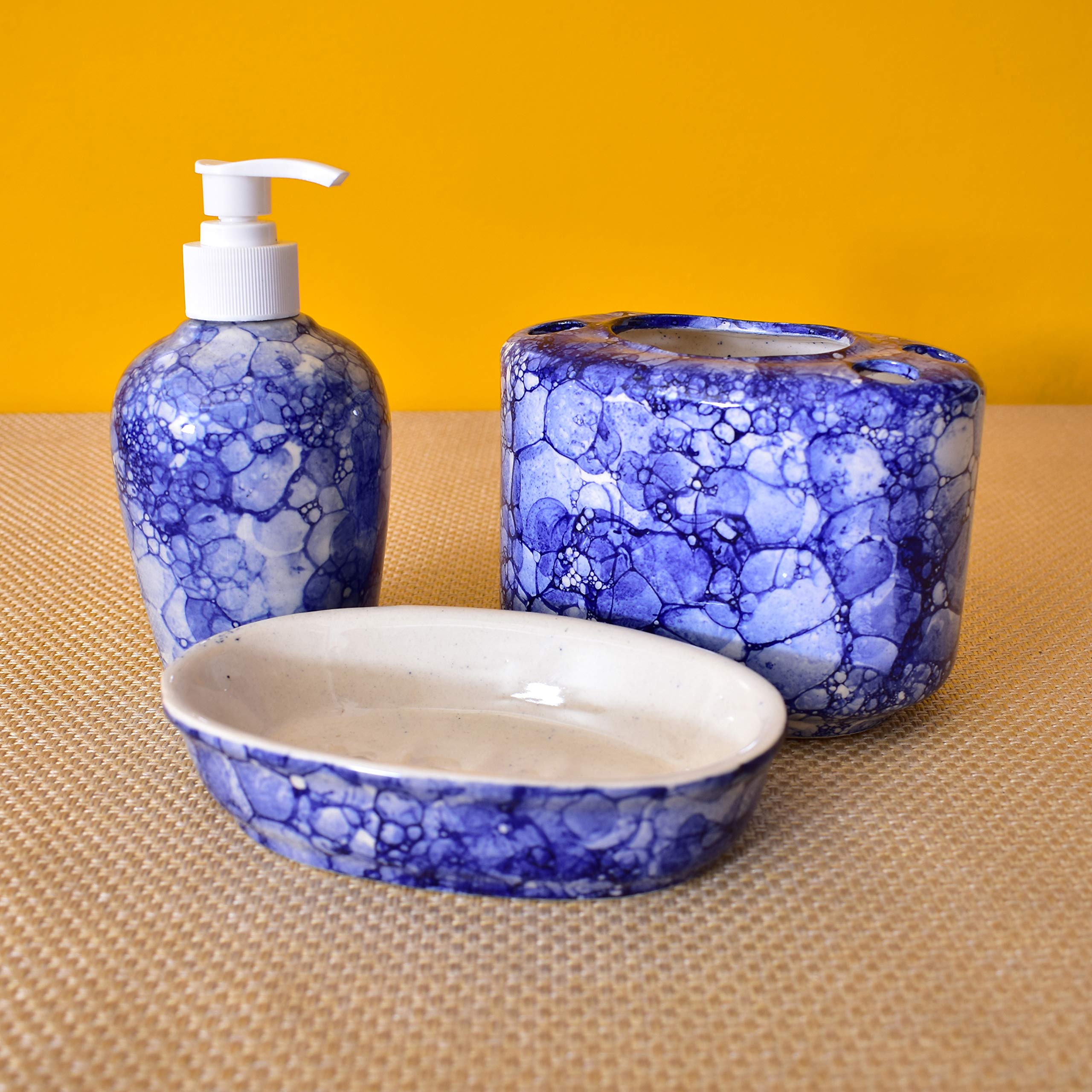 KunhaR Ceramic Bathroom Accessory Set, Blue-Luster (Liquid Soap Dispenser, Soap Tray, Toothbrush Holder) - Image 3