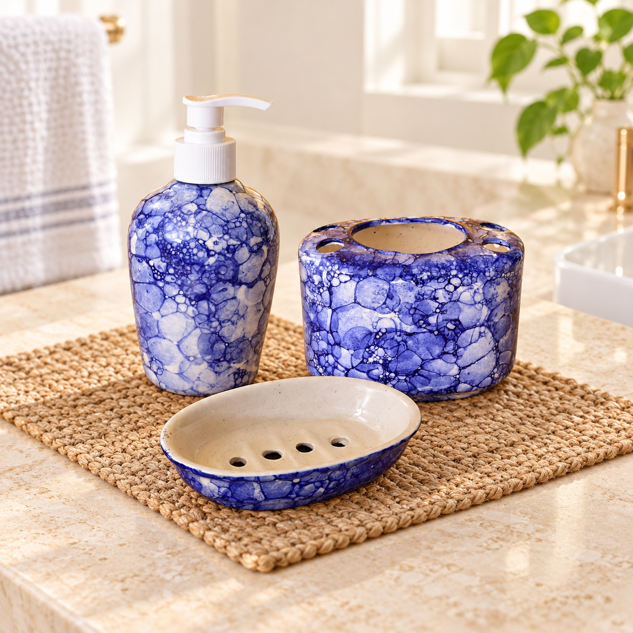 KunhaR Ceramic Bathroom Accessory Set, Blue-Luster (Liquid Soap Dispenser, Soap Tray, Toothbrush Holder)
