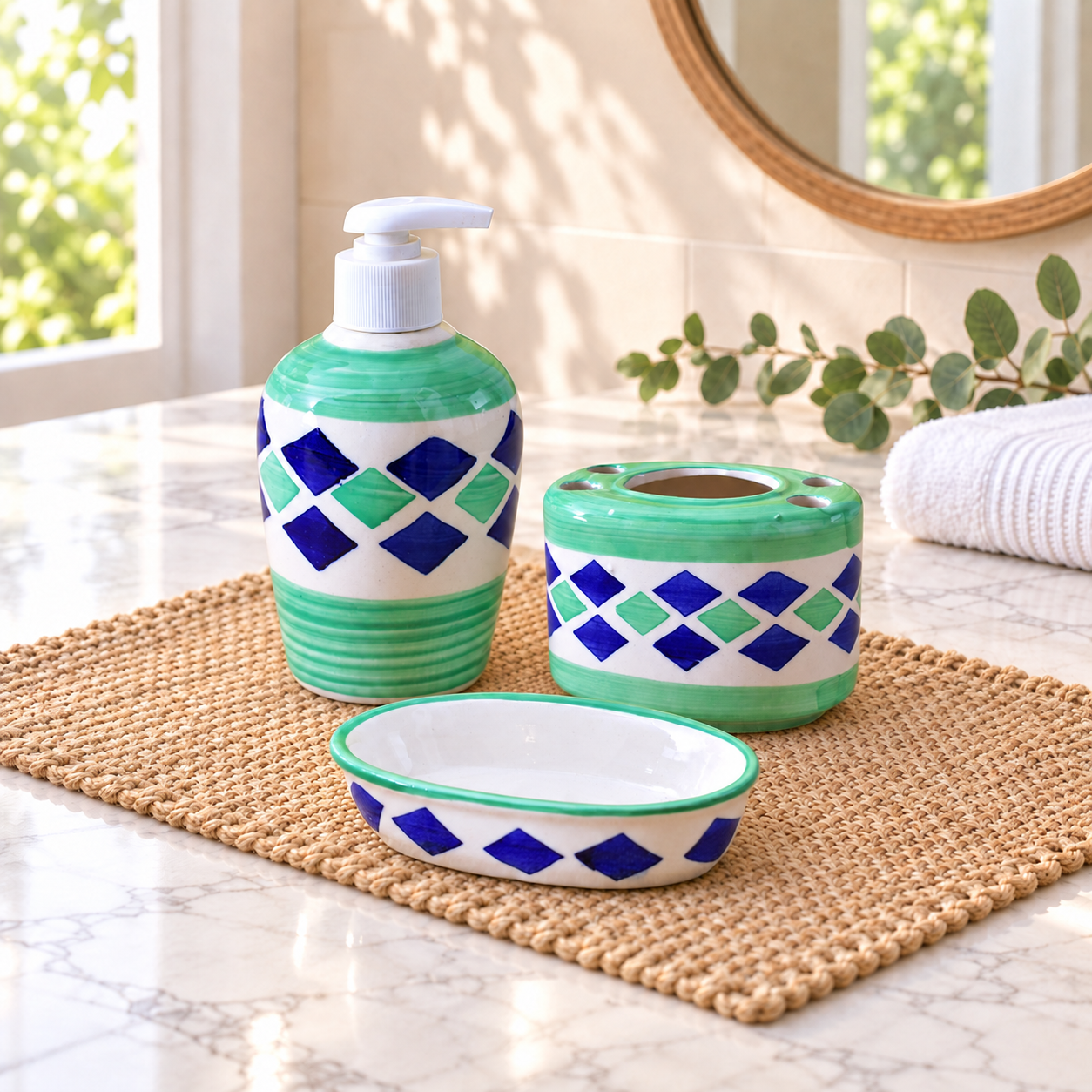 KunhaR Ceramic 3-Piece Bathroom Accessory Set, Green (Liquid Soap Dispenser 450 ML, Soap Dish Holder and Toothbrush Holder)