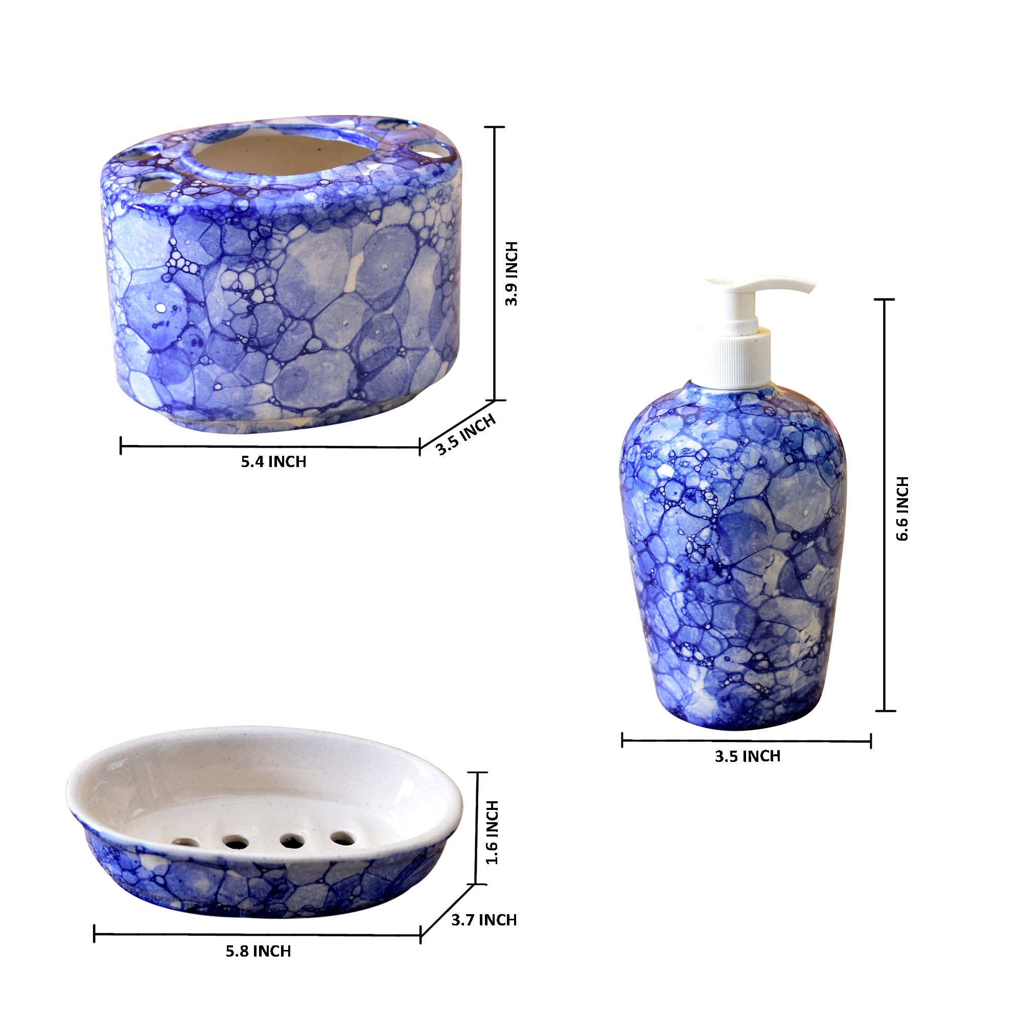 KunhaR Ceramic 3-Piece Bathroom Accessory Set, Blue-Luster (Liquid Soap Dispenser 450 ML, Soap Tray and Toothbrush Holder) - Image 2