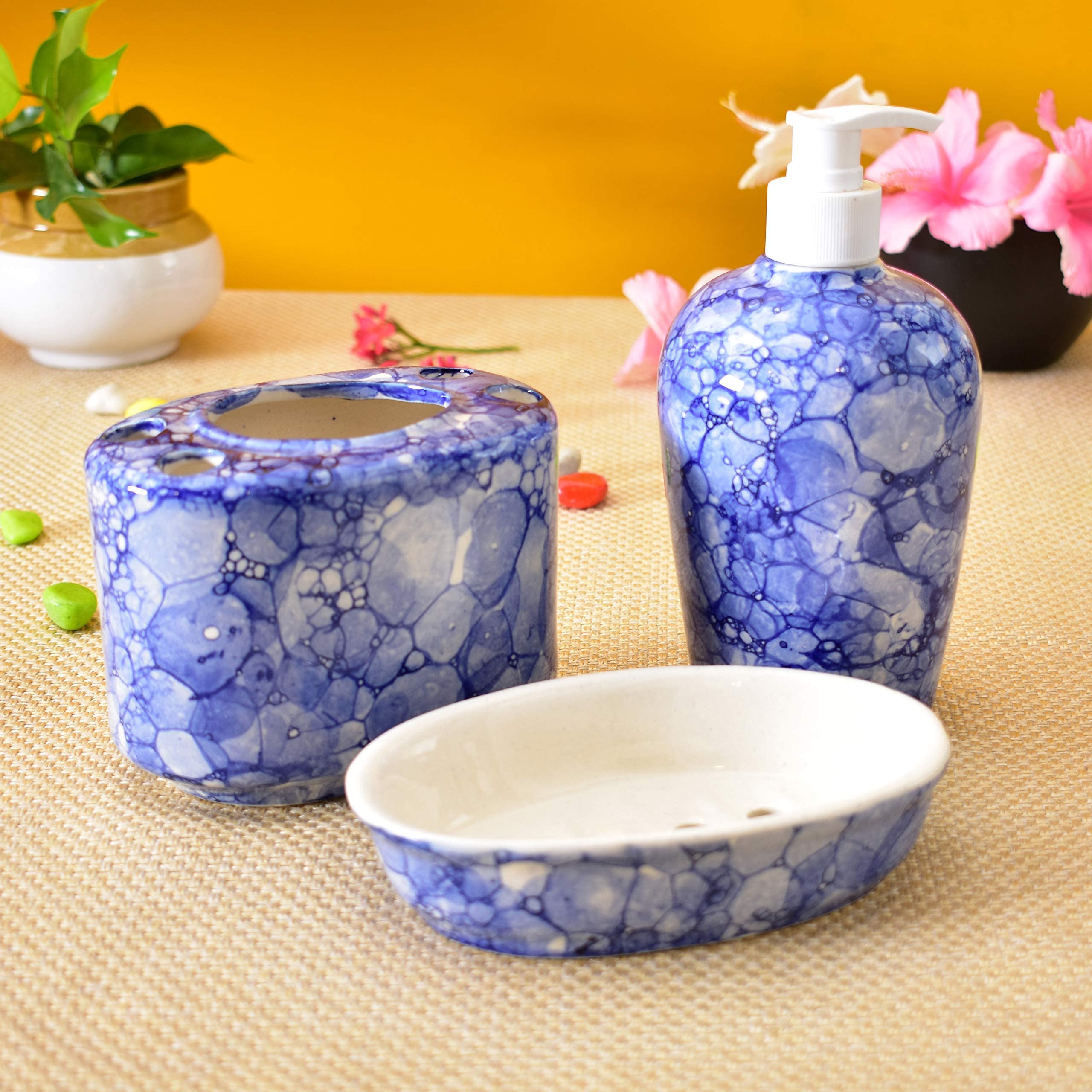 KunhaR Ceramic 3-Piece Bathroom Accessory Set, Blue-Luster (Liquid Soap Dispenser 450 ML, Soap Tray and Toothbrush Holder) - Image 3