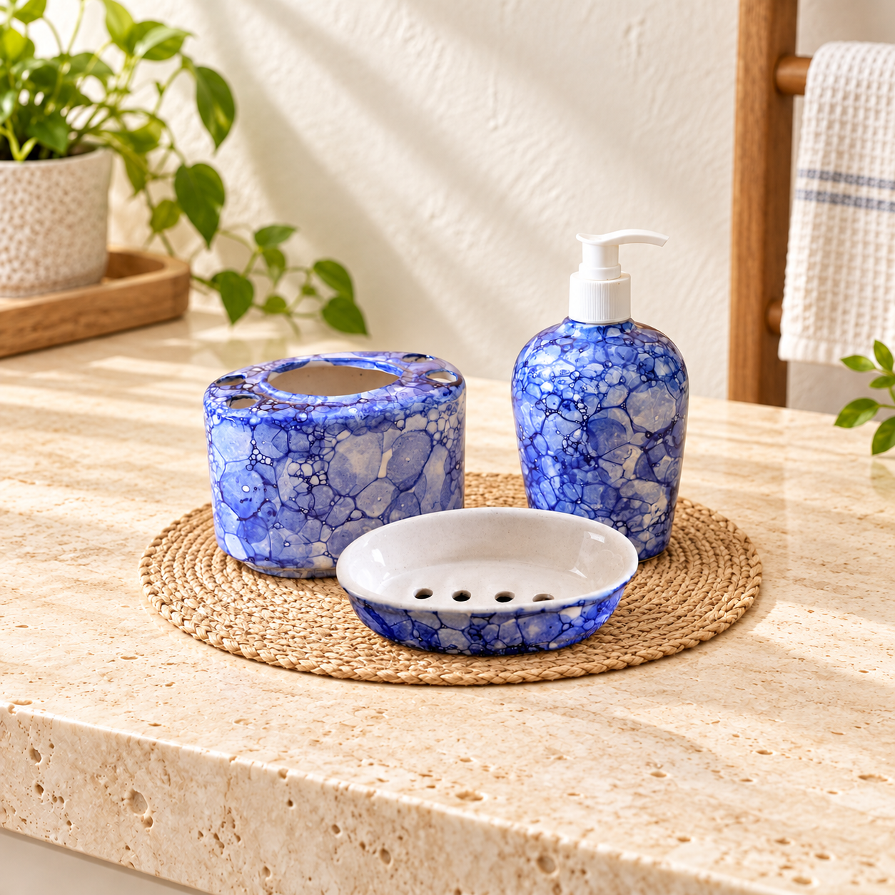 KunhaR Ceramic 3-Piece Bathroom Accessory Set, Blue-Luster (Liquid Soap Dispenser 450 ML, Soap Tray and Toothbrush Holder)