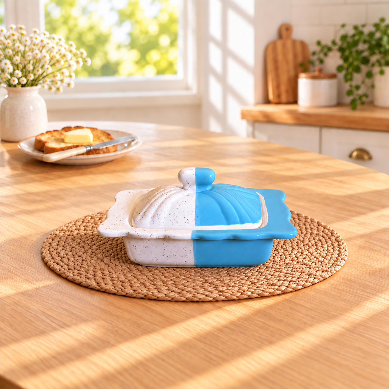 KunhaR Ceramic Butter Pot - 400 Ml, 1 Piece, White Blue