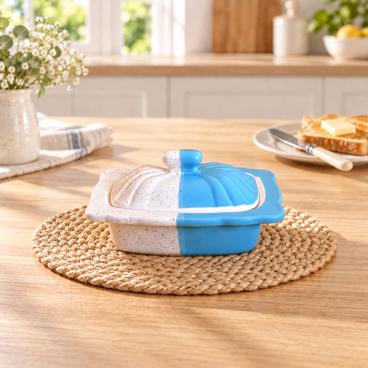 KunhaR Ceramic Butter Pot - 350 Ml, 1 Piece, White Blue