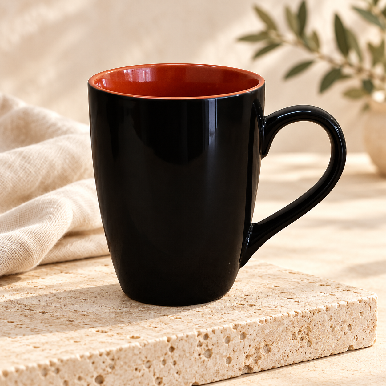 Kunhar Ceramic Coffee Mug, Ceramic Milk Mug - 350 Ml, 1 Piece, Light Red Black Shine