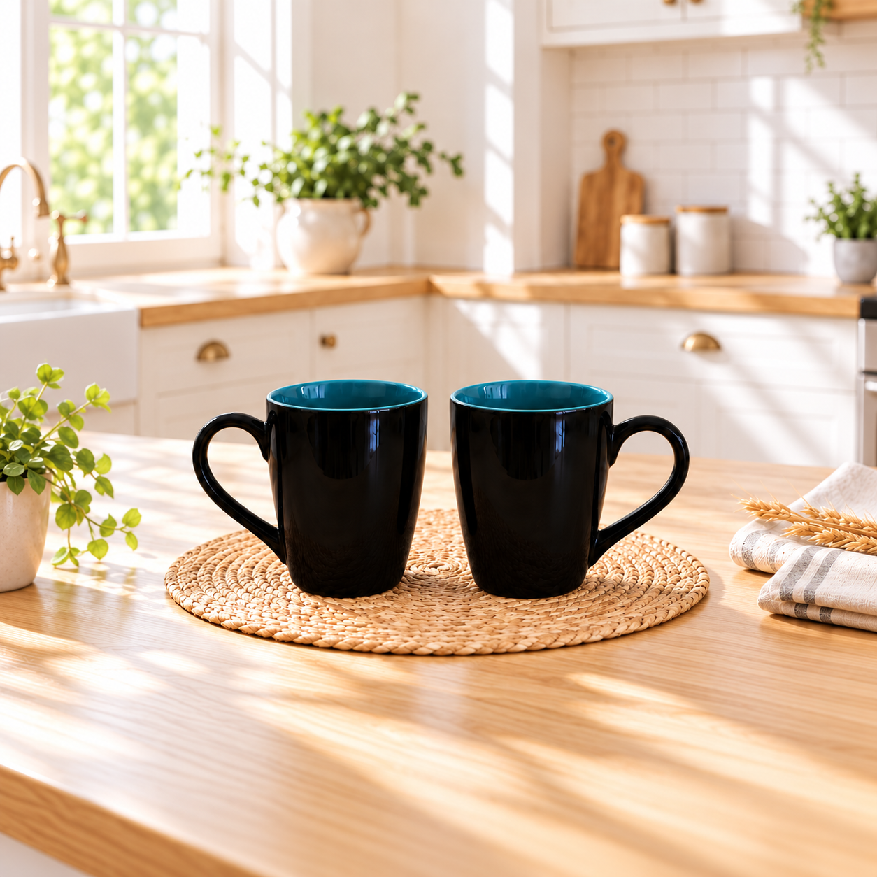 Kunhar Ceramic Coffee Mug, Ceramic Milk Mug - 350 Ml, 2 Pieces, Nile Blue Black Shine
