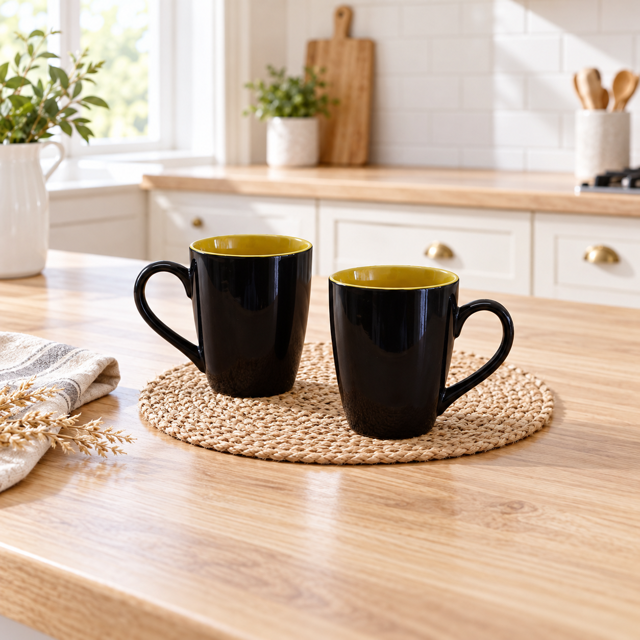 Kunhar Ceramic Coffee Mug, Ceramic Milk Mug - 350 Ml, 2 Pieces, Yellow Black Shine