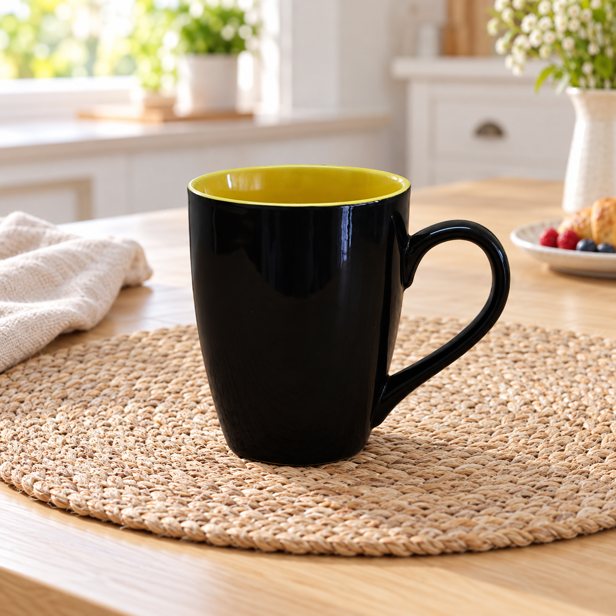 Kunhar Ceramic Coffee Mug, Ceramic Milk Mug - 350 Ml, 1 Piece, Yellow Black Shine