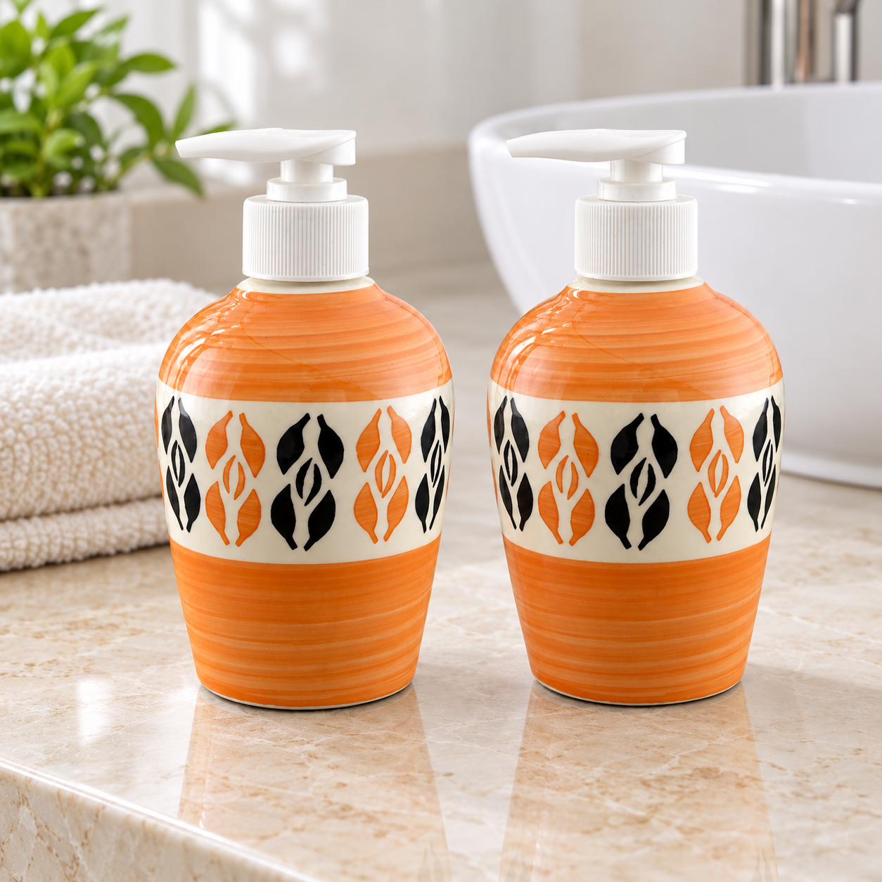 KunhaR Ceramic Long-Lasting Liquid Handwash Soap Dispenser for Bathroom | Handwash Bottle for Kitchen | Soap Dispenser for Wash Basin | Bathroom Accessories | 300 ml, Orange Multicolor, 2 Pieces
