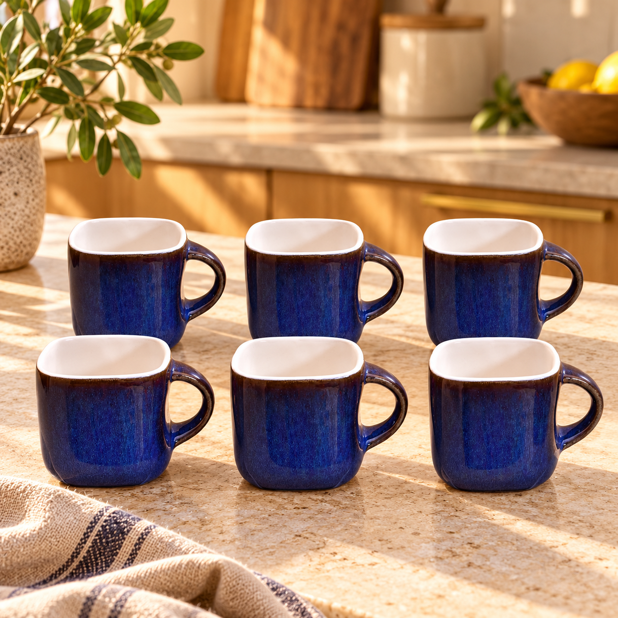 KunhaR Ceramic Tea Cups - 6 Pieces, Blue, 125 ml