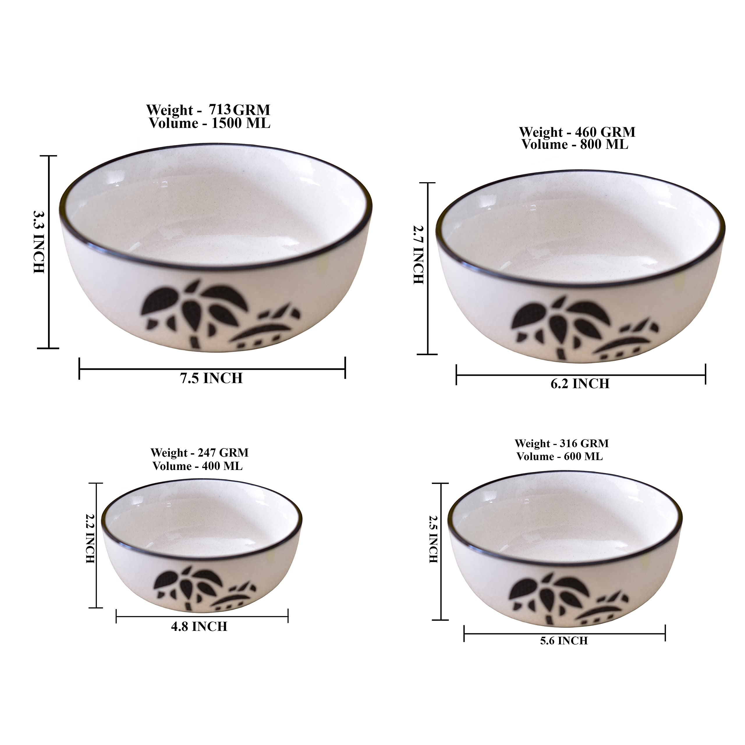 Kunhar Ceramic Mixing Bowl Set – 4 Pieces (1500ml, 800ml, 600ml, 400ml), Coconut White – Durable, Microwave & Dishwasher Safe – Ideal for Mixing, Serving & Storage - Image 5