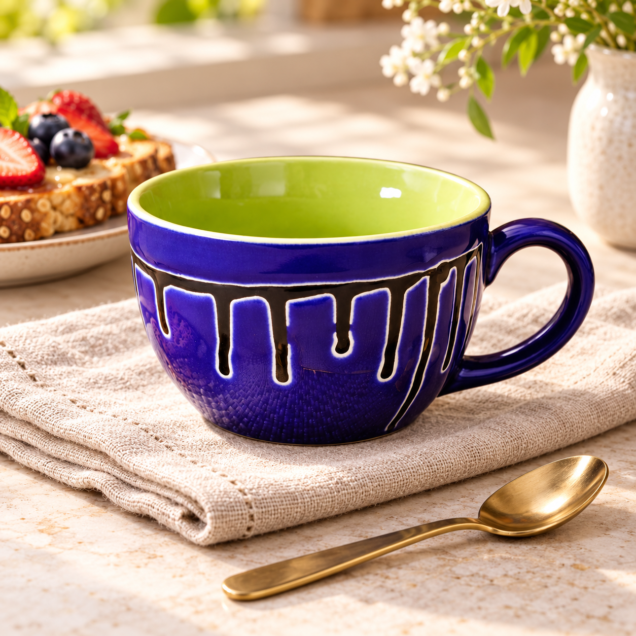 Kunhar Ceramic Jumbo Coffee Mug Soup Mug Noodle Mug - 350 ML - Microwave Safe & Freezer Safe, Set of 1, Blue Green