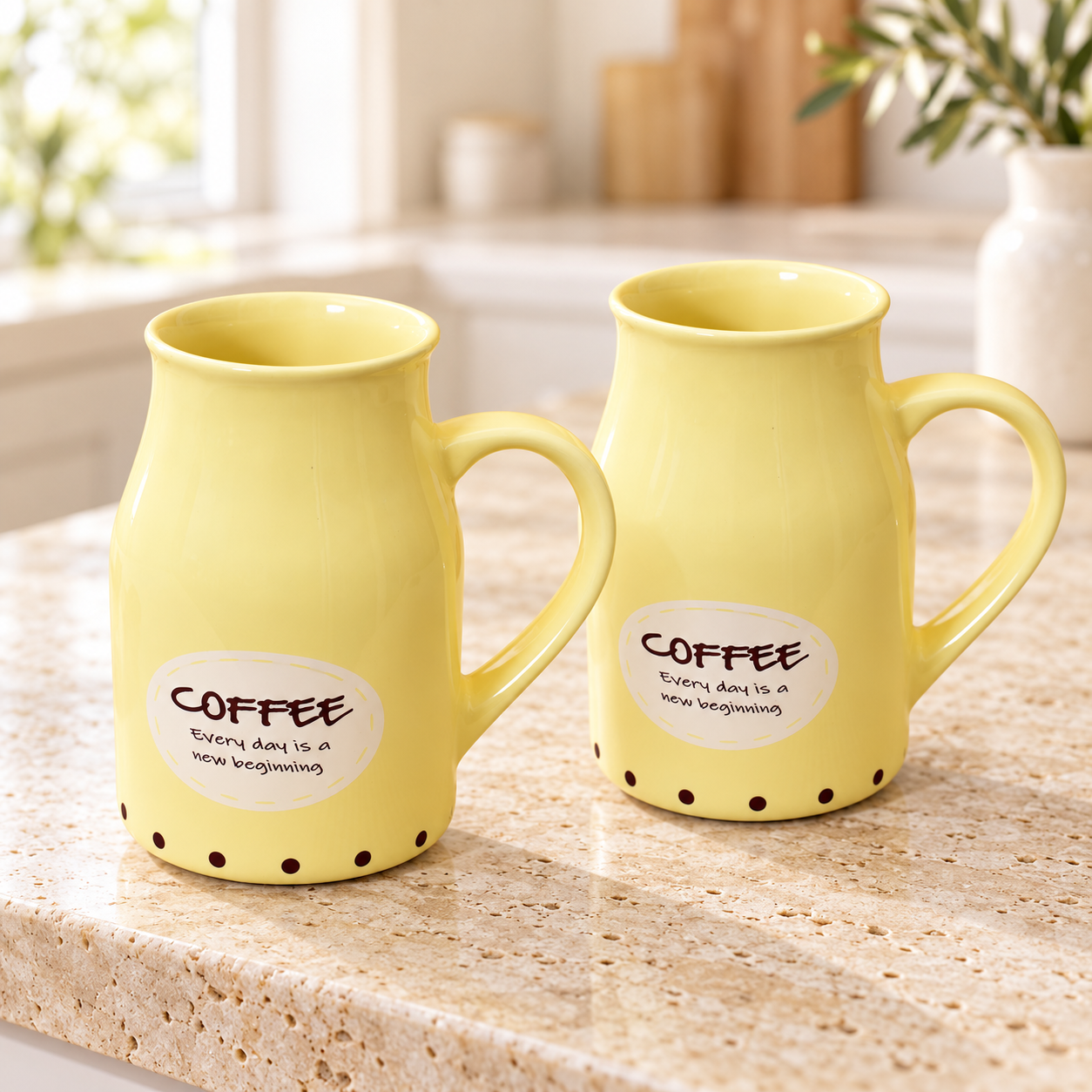 Kunhar Ceramic Coffee Mug - 2 Pieces, Lemon, 450ml