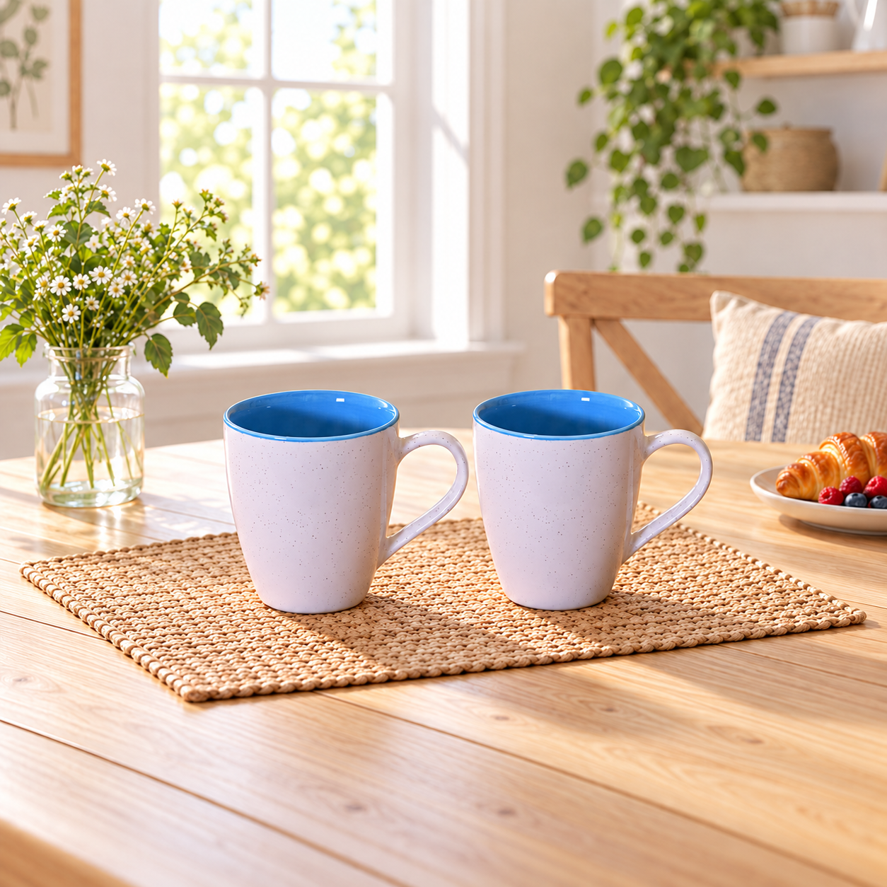 Kunhar Ceramic Milk Mug, Coffee Mug - 2 Pieces, White Blue, 350ml