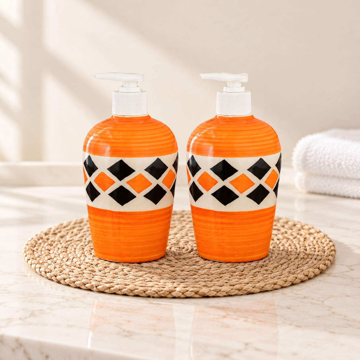 KunhaR Ceramic Liquid Soap Dispenser - Orange Brick, 450ml, 2 Pieces